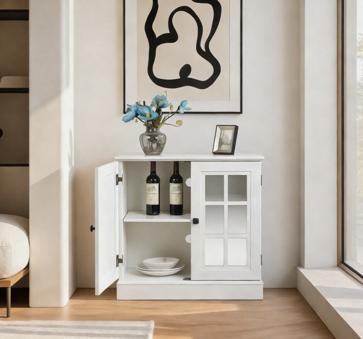 Storage Sideboard Cabinet With 2 Decorative Acrylic Mirrored Doors,
