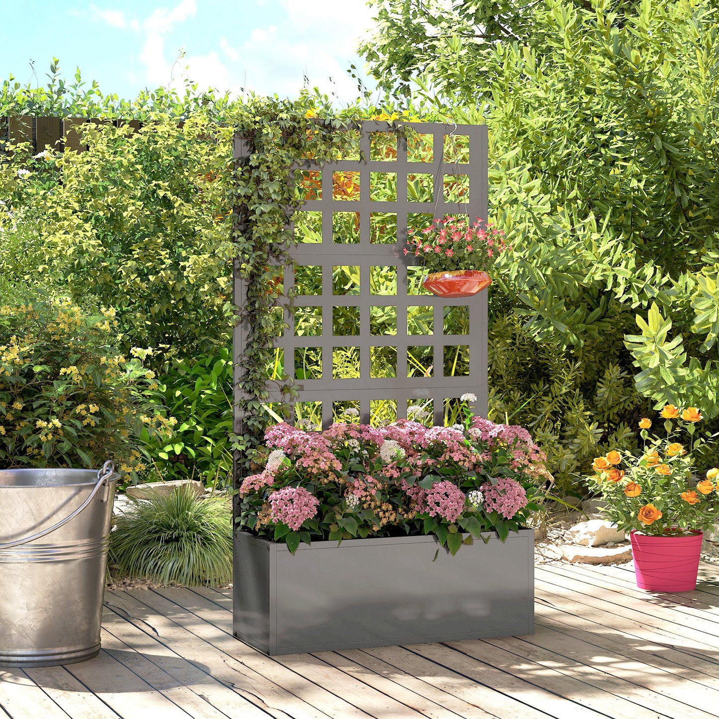 Galvanized Raised Garden Bed with Trellis - Vegetable and Climbing Plant Planter, 24x9x44.5 inches, Gray