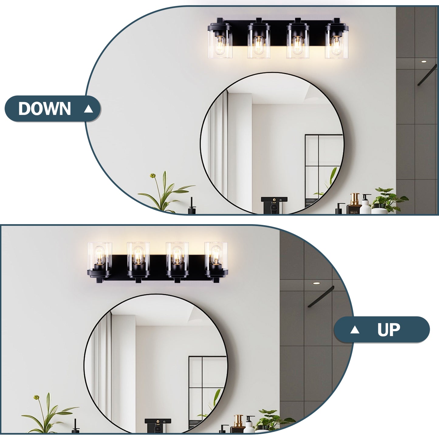 4-Light Matte Black Bathroom Vanity Light Fixture with Clear Glass Shades - Over Mirror Wall Sconce, NO BULBS