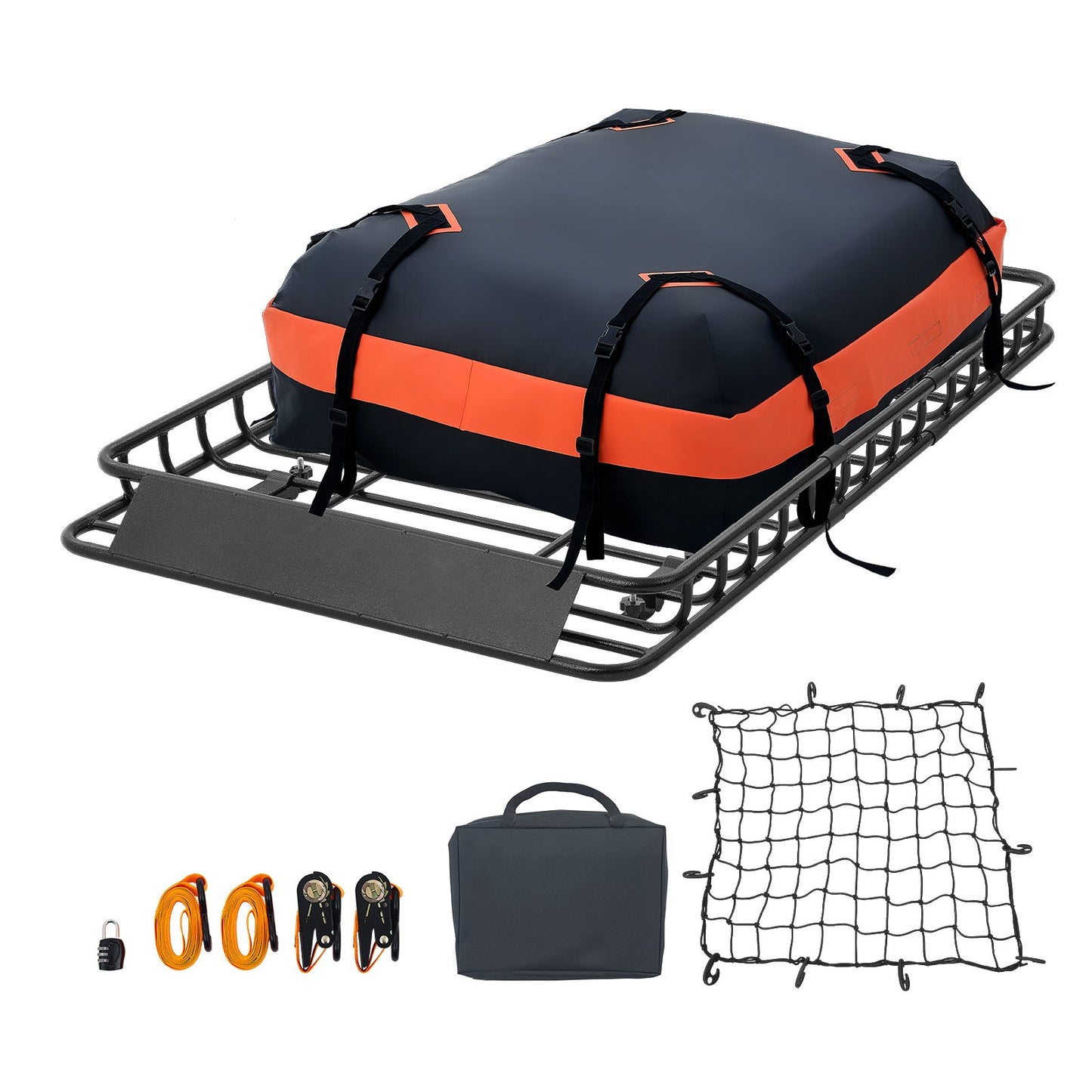 Heavy Duty Roof Cargo Basket 54x34x4in with Waterproof Bag & Ratchet Straps