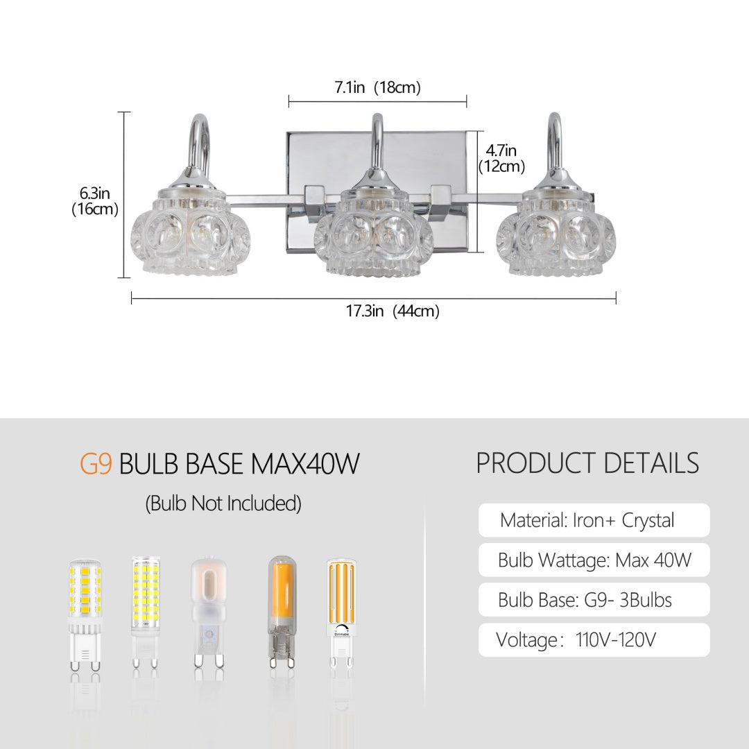 Vintage Crystal Vanity Light - 3-Light Bathroom Fixture in Nickel Finish