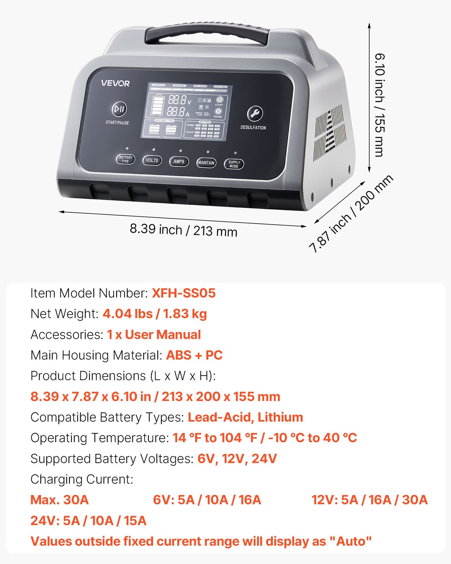Smart 30A Car Battery Charger 6V 12V 24V with LCD Display for Lead-Acid Lithium