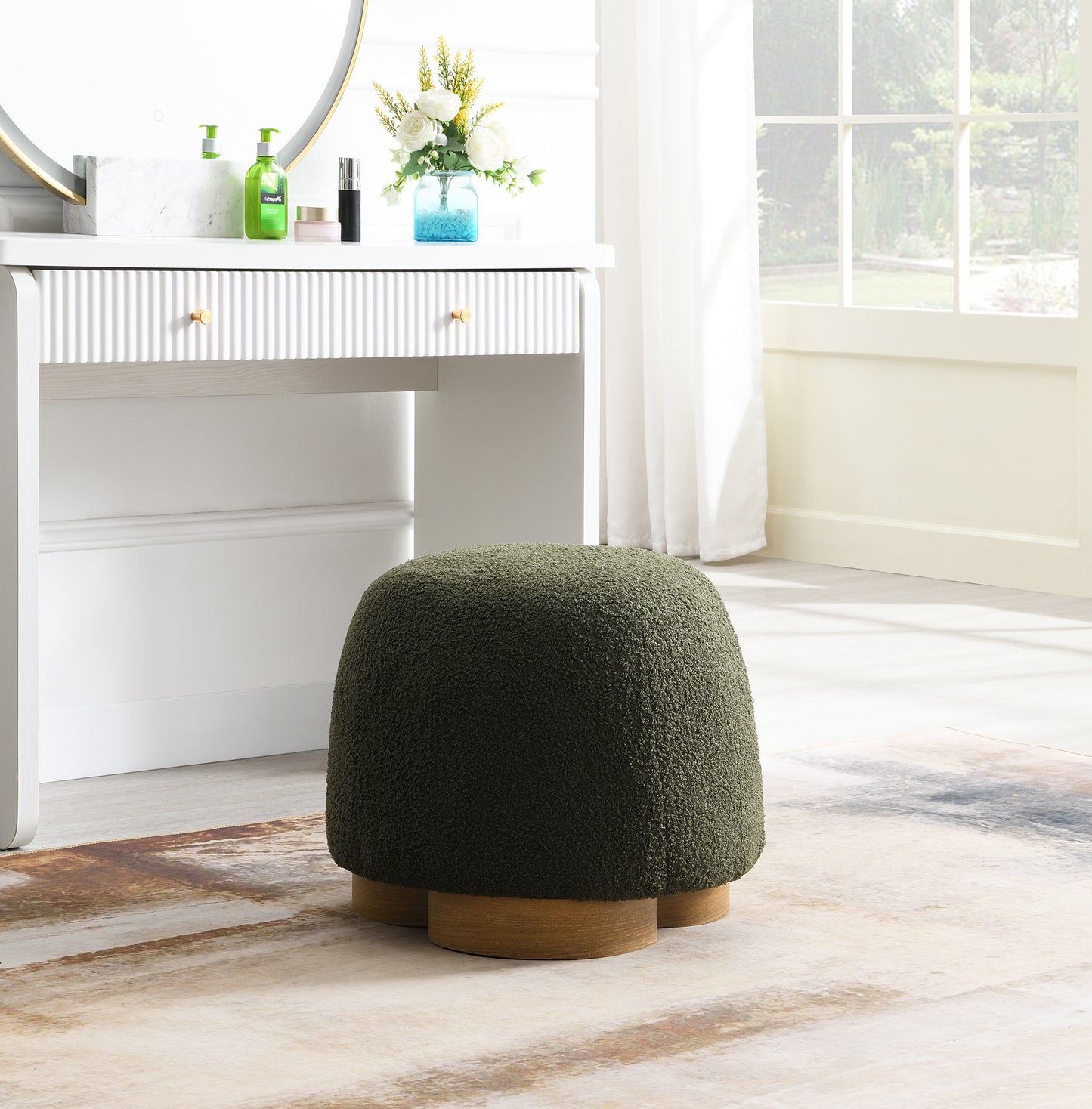 Fully Assembled Round Soft Teddy Fabric Upholstered Ottoman,