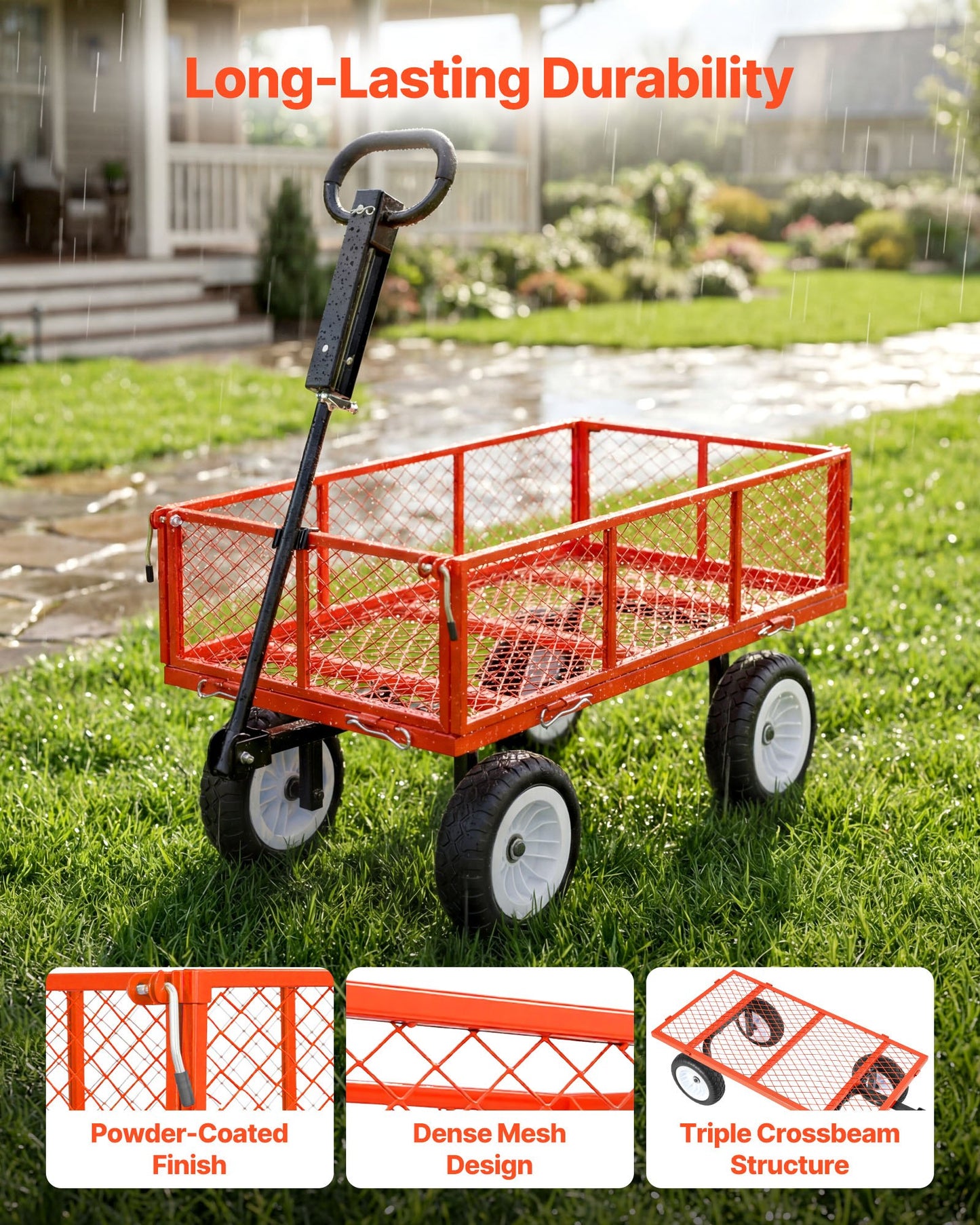 Heavy Duty Steel Garden Cart with 900 Lbs Capacity, Detachable Side Panels & 10-Inch Flat-Free Tires