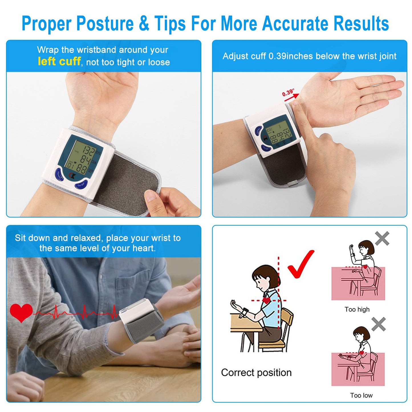 Digital Wrist Blood Pressure Monitor with Large LCD Screen and 60 Memory Slots - White