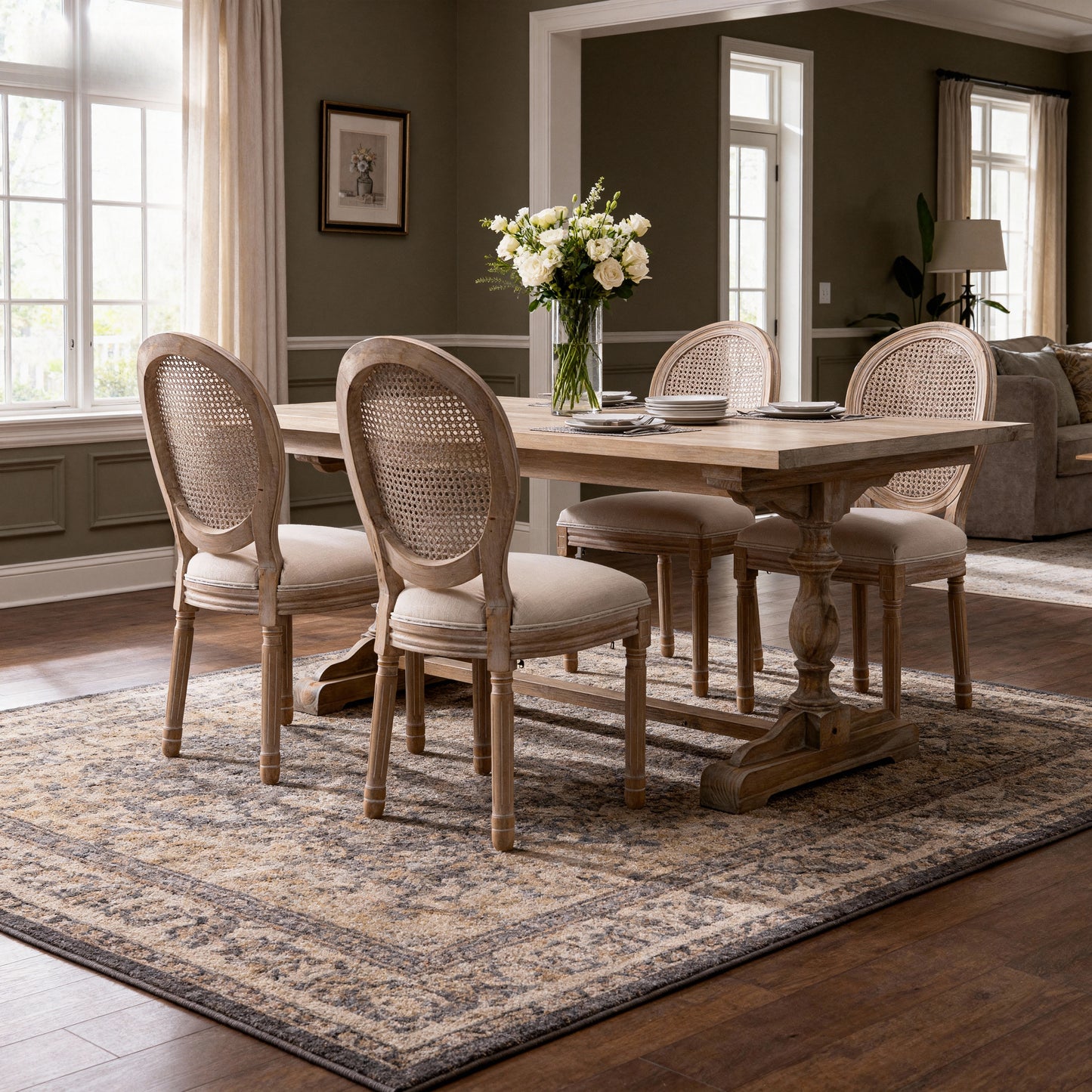 French Country Dining Chairs - Set of 2 Beige Wooden Frame