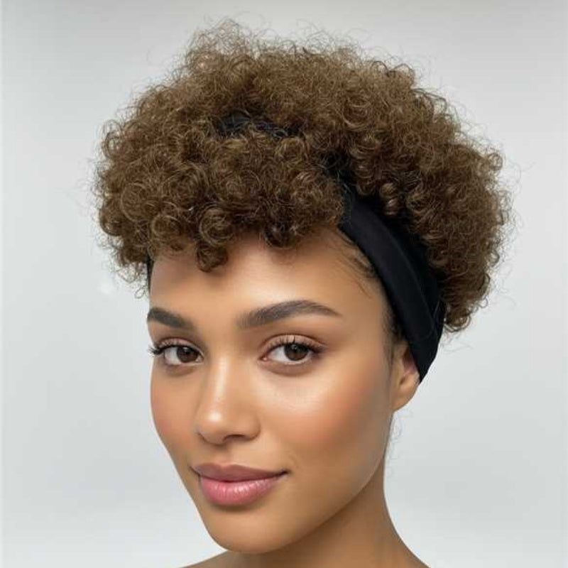 Short Kinky Curly Afro Puff Headband Wig - Natural Brown Glueless Synthetic