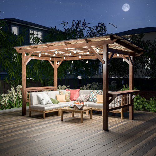 Wooden Pergola Grill Gazebo with Metal Roof, Bulbs & Bar Counters - 13x6.5 Feet