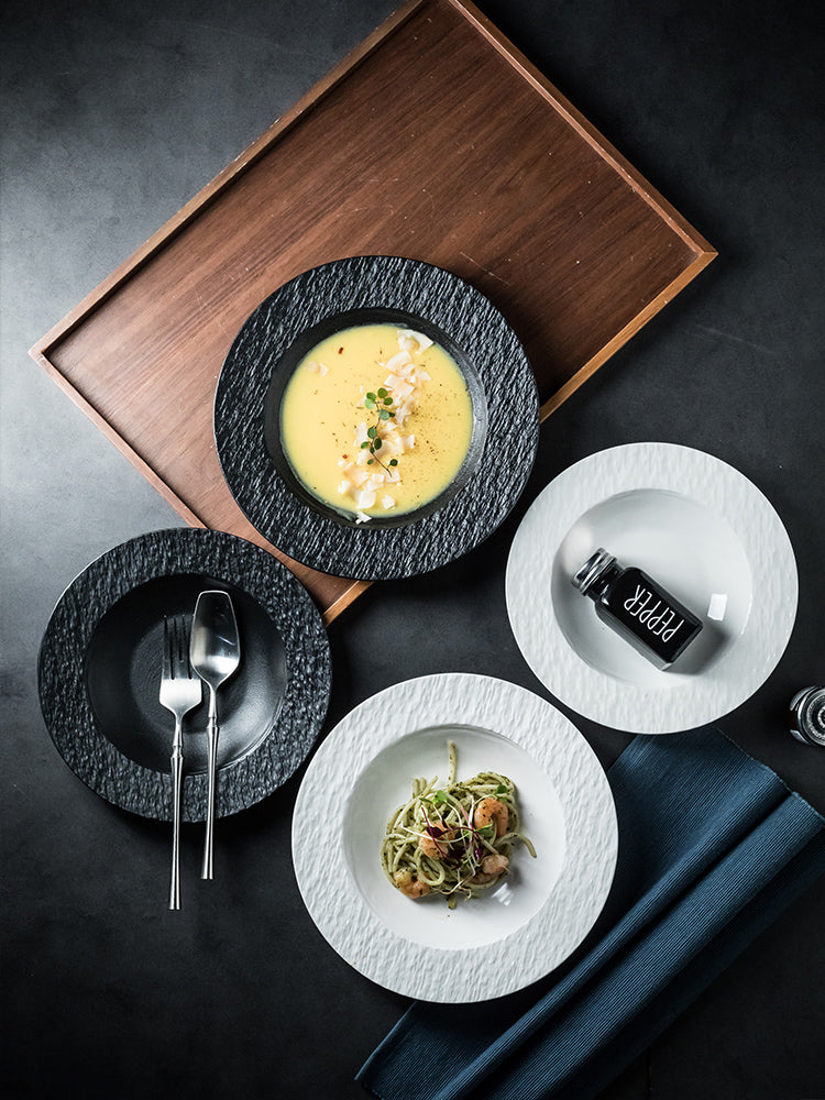 Ceramic Soup Plate Set - Stone Pattern Round Dinnerware for Kitchen & Dining