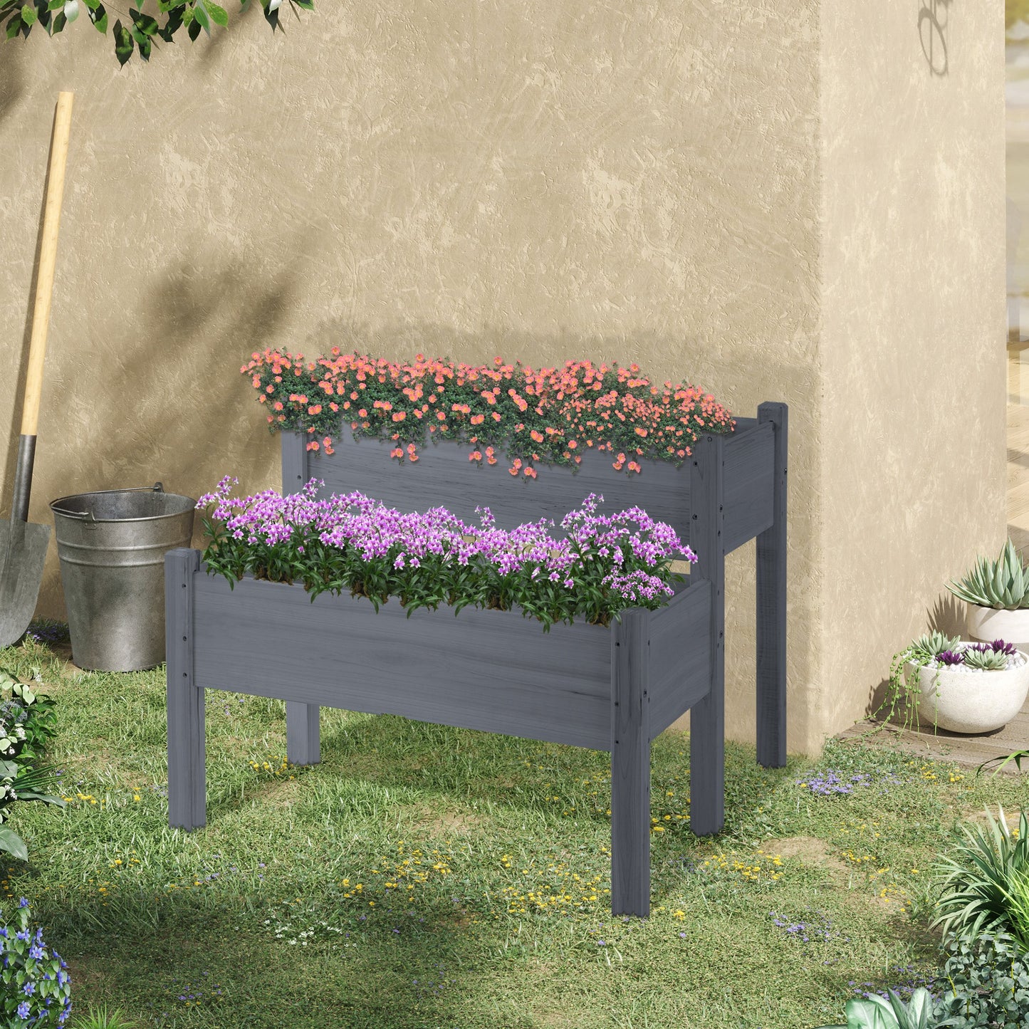 Large Wooden Raised Garden Bed 34x34x28 inch Two-Tier Planter Box for Vegetables Herbs Flowers - Gray
