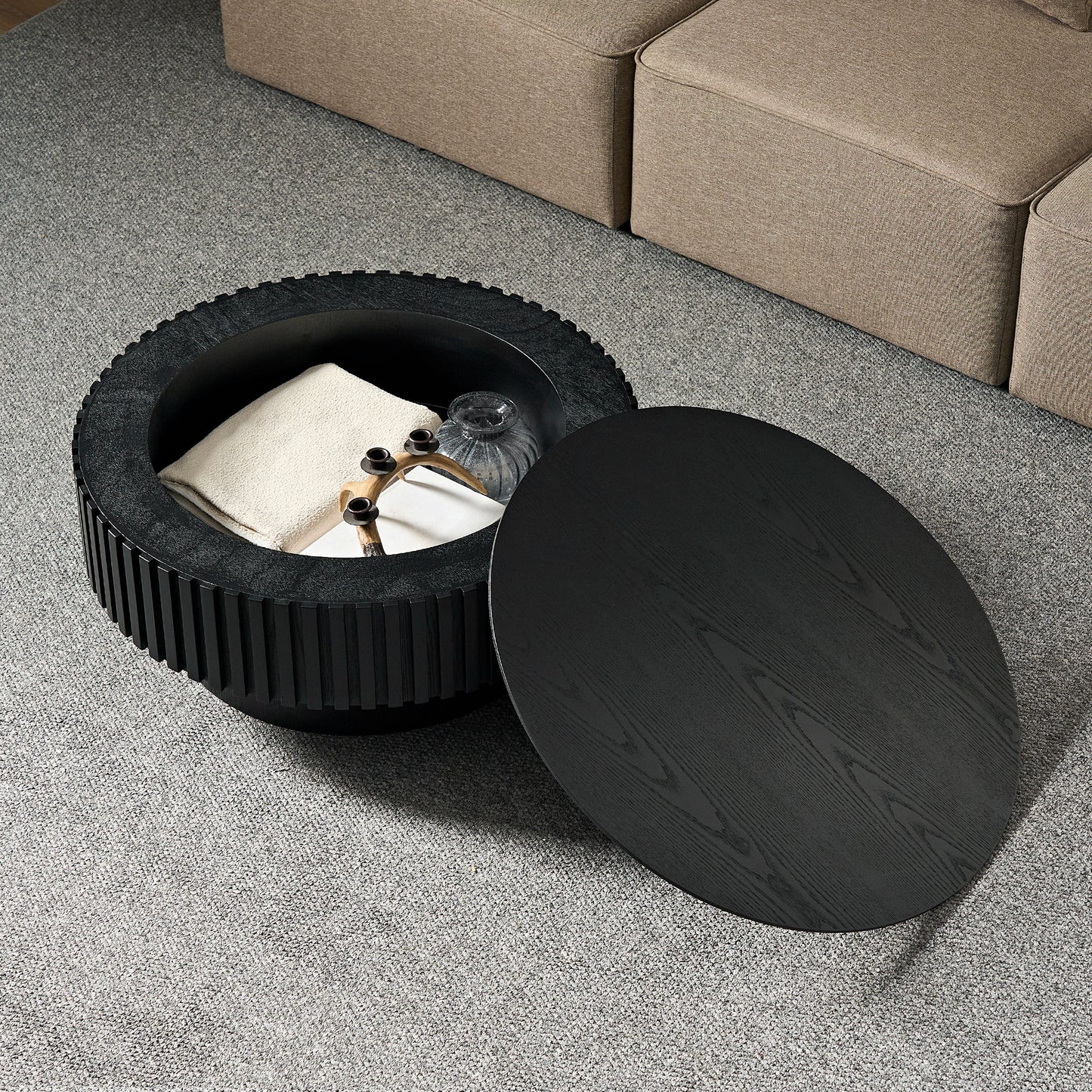 Nesting Round Wood Coffee Table with Storage - Matt Black