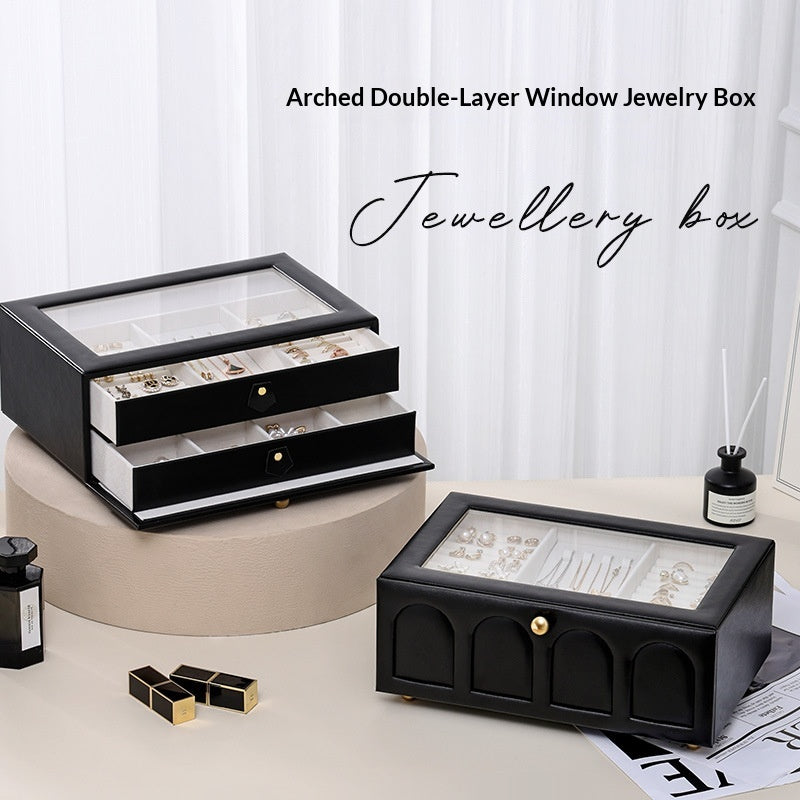 Large Capacity Jewelry Organizer Box with Multiple Compartments - Black Leather