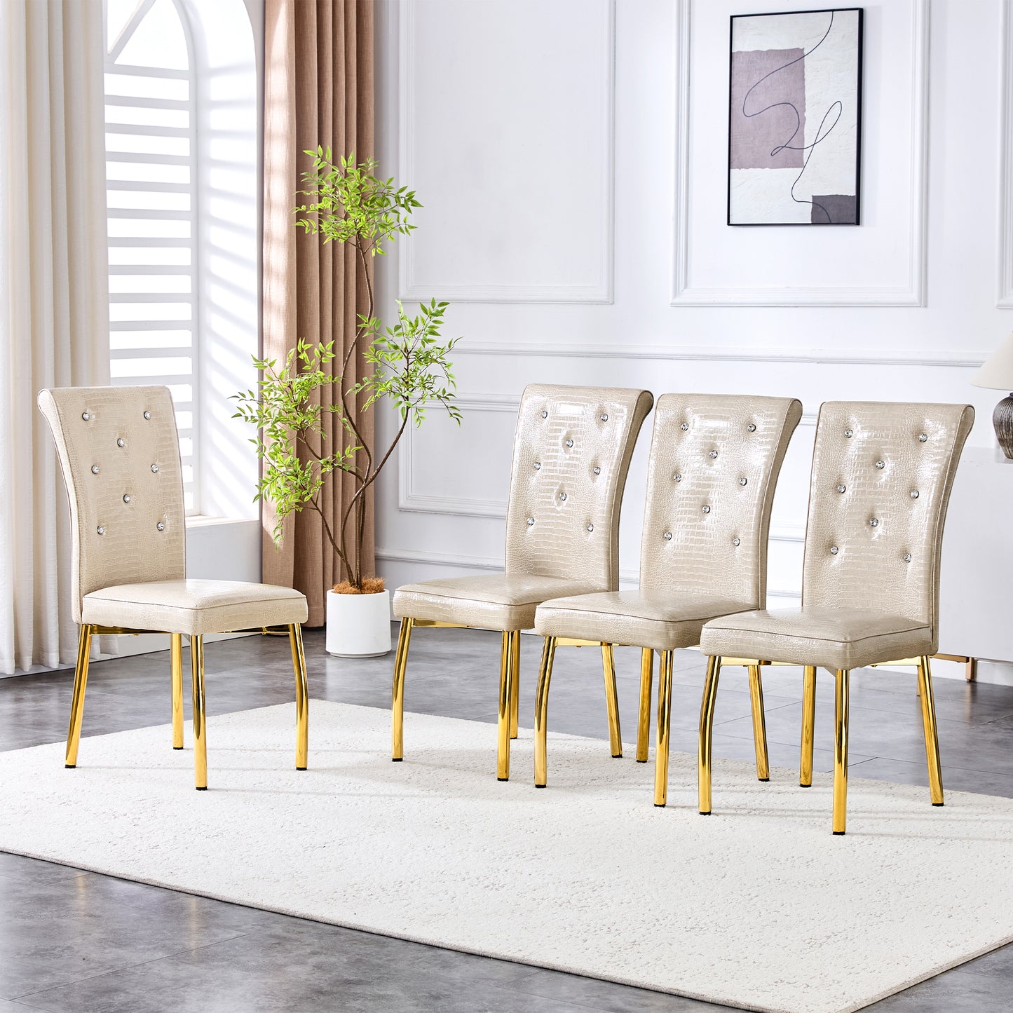 Set of 4 Beige and Gold Vintage Crocodile Leather Dining Chairs