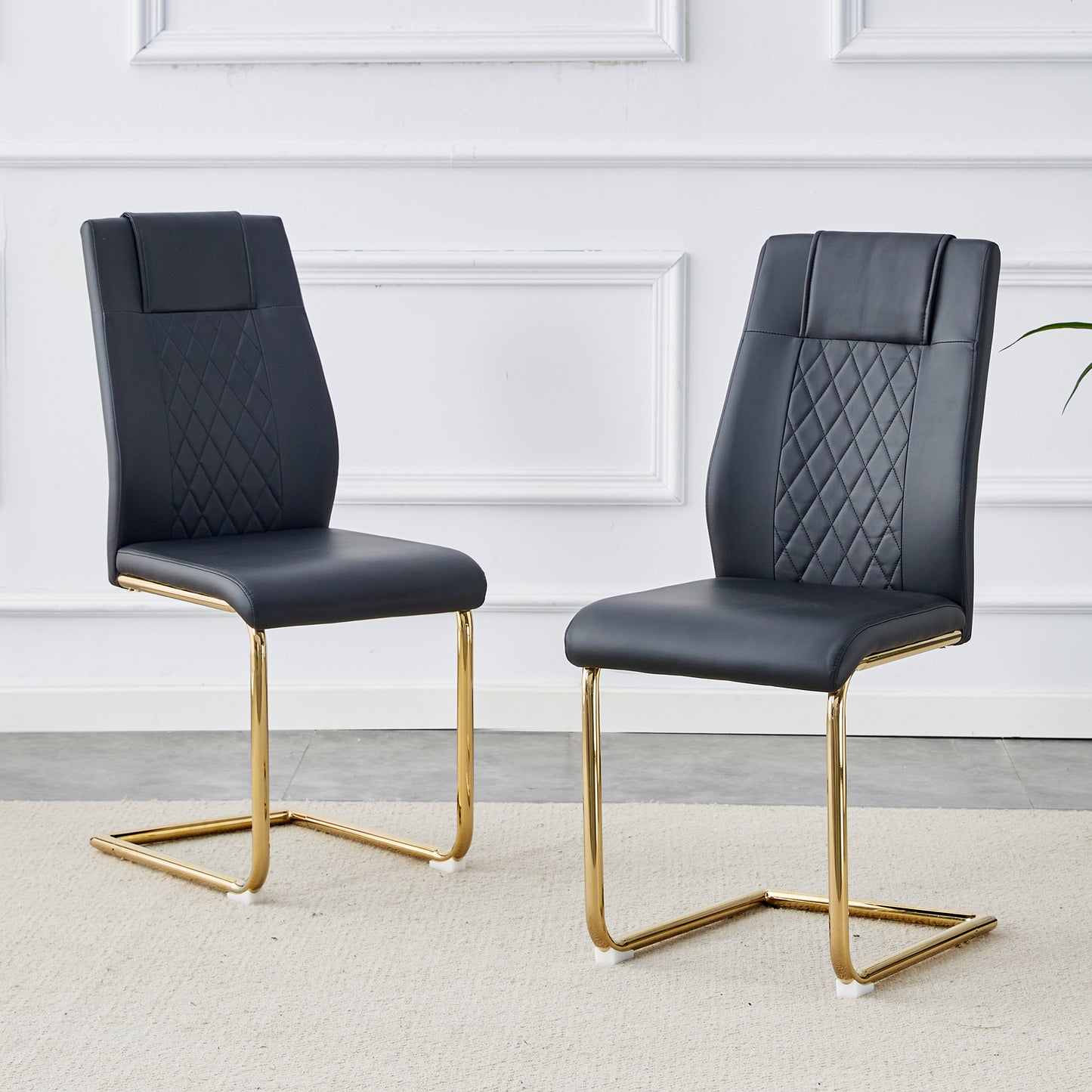 Modern Dining Chairs Set of 6 - Black Faux Leather with Gold Legs