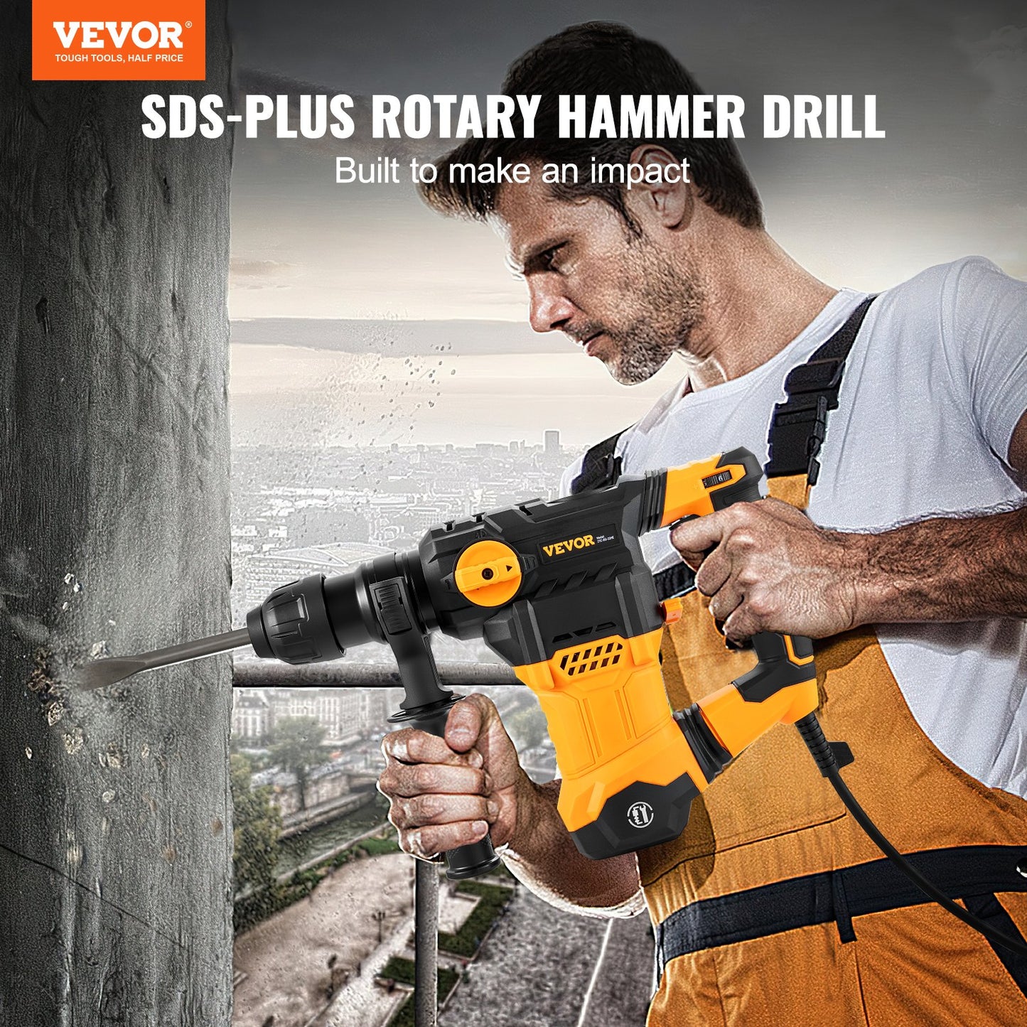 Corded Rotary Hammer Drill 1-1/4 Inch SDS Plus 4 Modes Heavy Duty Power Tool - Yellow