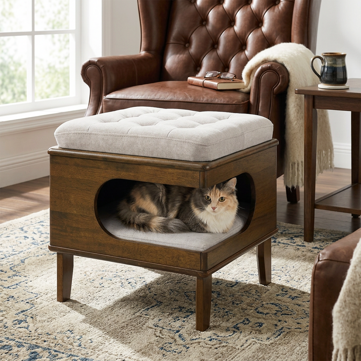 Rubber Wood Cat Bed Ottoman with Cat Cave - 2-in-1 Tufted Pet Footstool, Walnut Finish