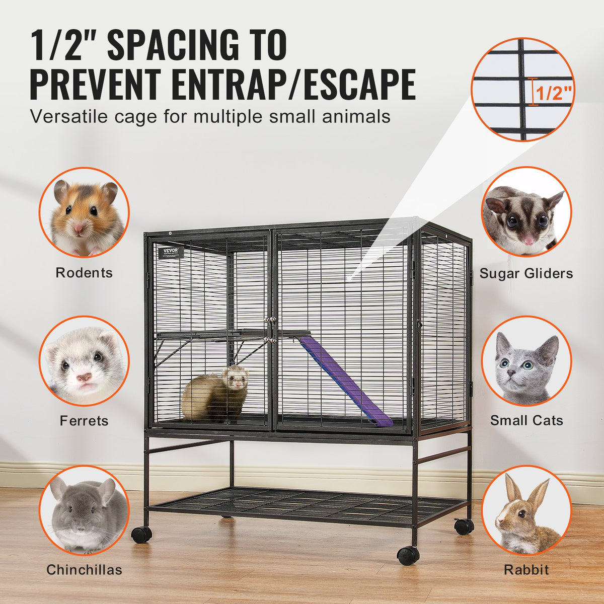 Small Animal Cage 2-Tier Metal Ferret Cage with Rolling Tray & Ramp - Black
