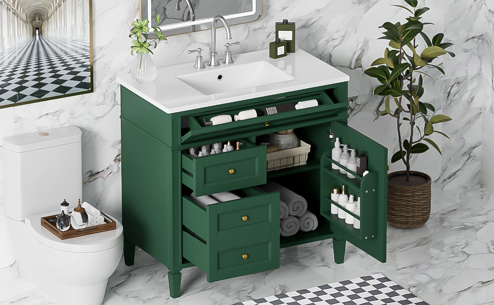36'' Modern Bathroom Vanity with Sink & 3 Drawers - Garnet/Green