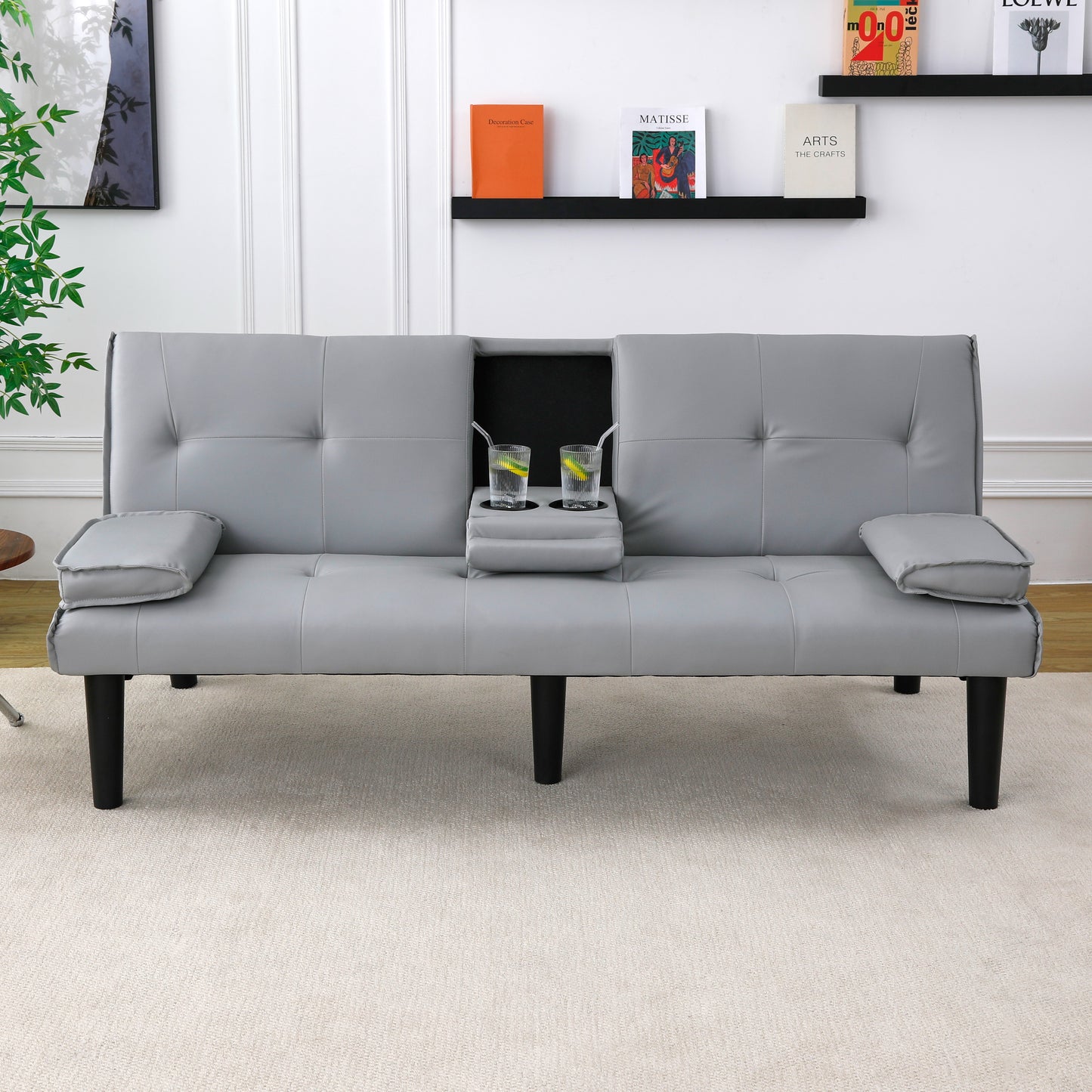 67-Inch Light Gray PVC Sofa Bed with Foldable Design & Cup Holder