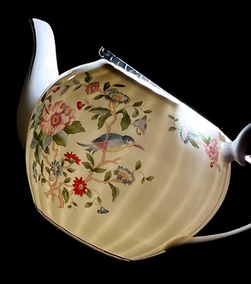 Retro Floral Bone China Teapot - 800ml Pink Overglaze Sparrow Design