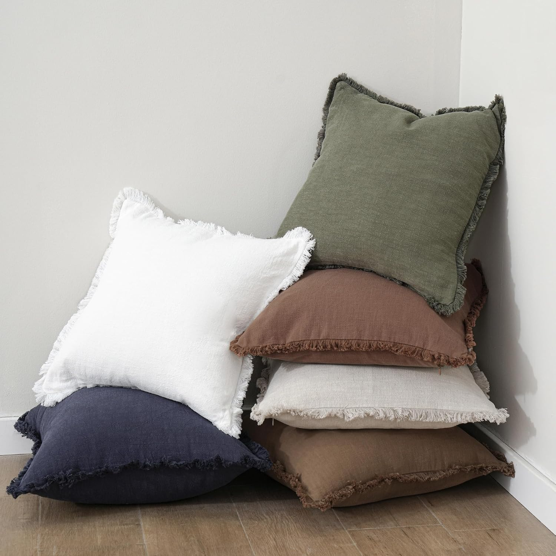 Decorative Linen Fringe Throw Pillow Cover - 18x18 Inch, Olive Green Set of 2