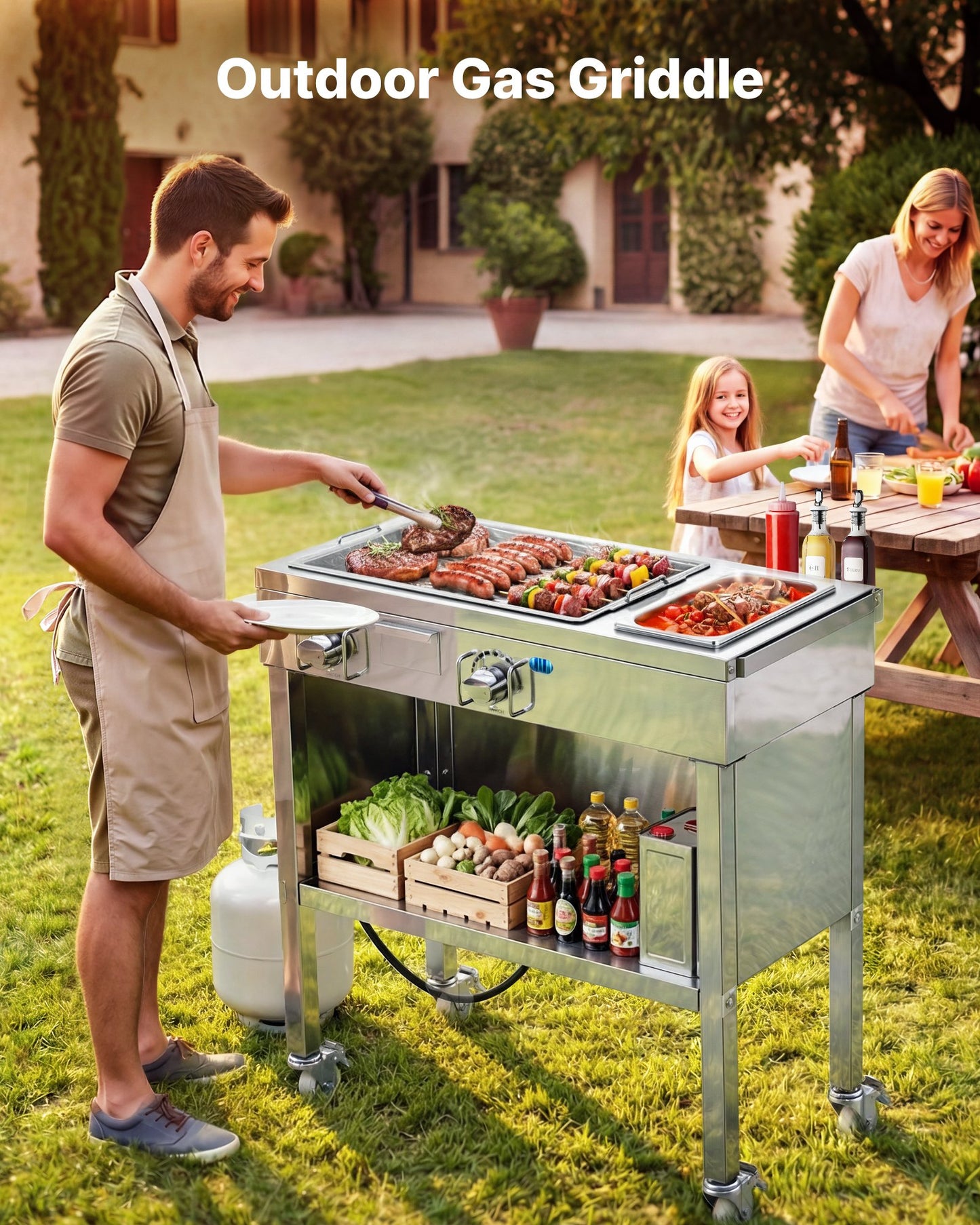 Outdoor Propane Gas Griddle with 2 Burners, Stainless Steel Cart, Lockable Wheels