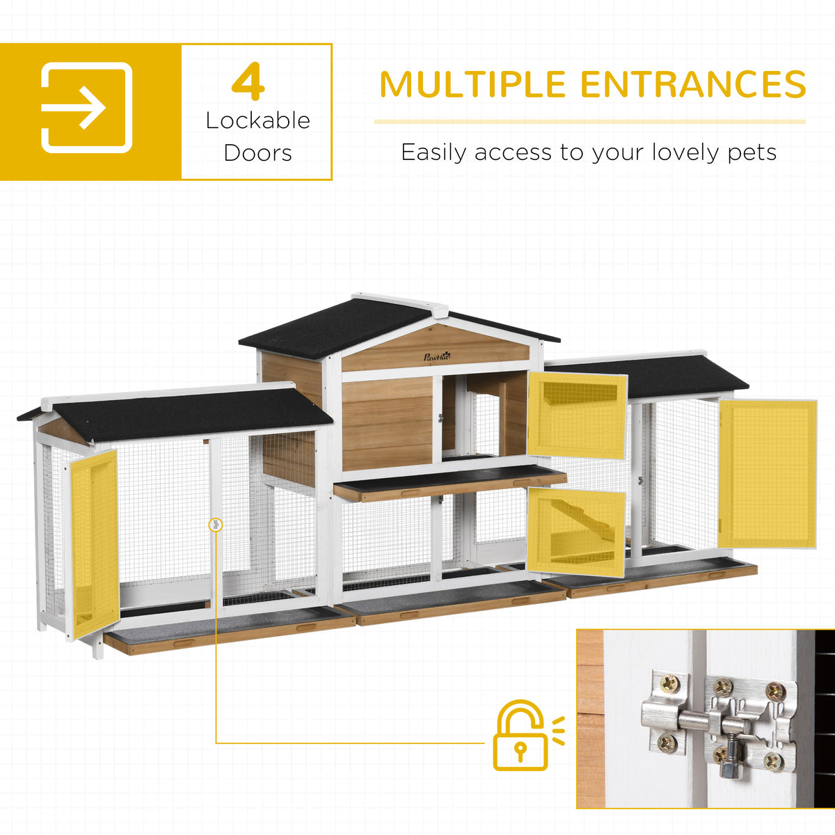 Wooden Bunny Hutch with Double Run & Ramp - 90.5 Inches Pet Cage for Rabbits & Small Animals, White