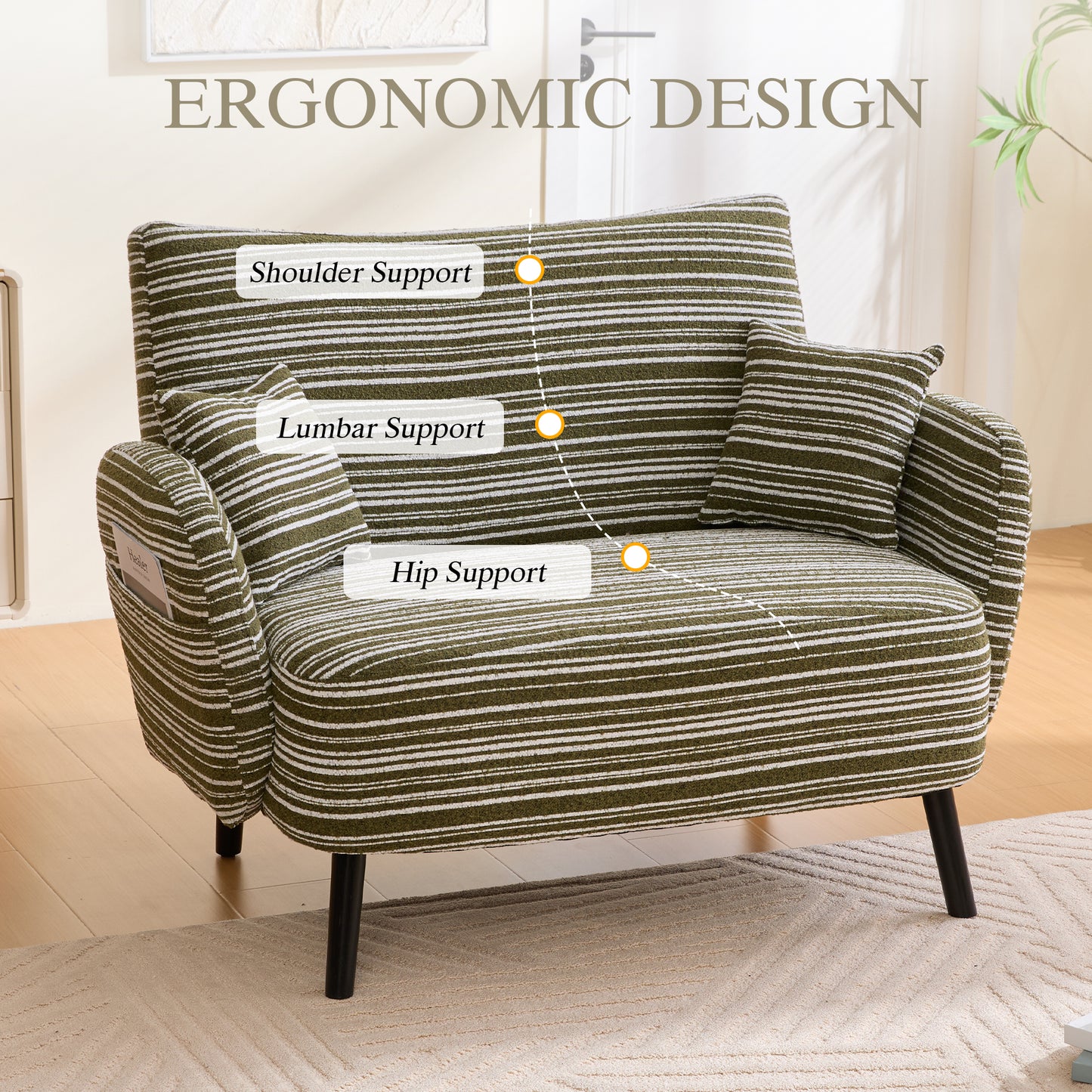 Modern Olive Green Two-Seater Sofa with Armrest Pillows & Storage