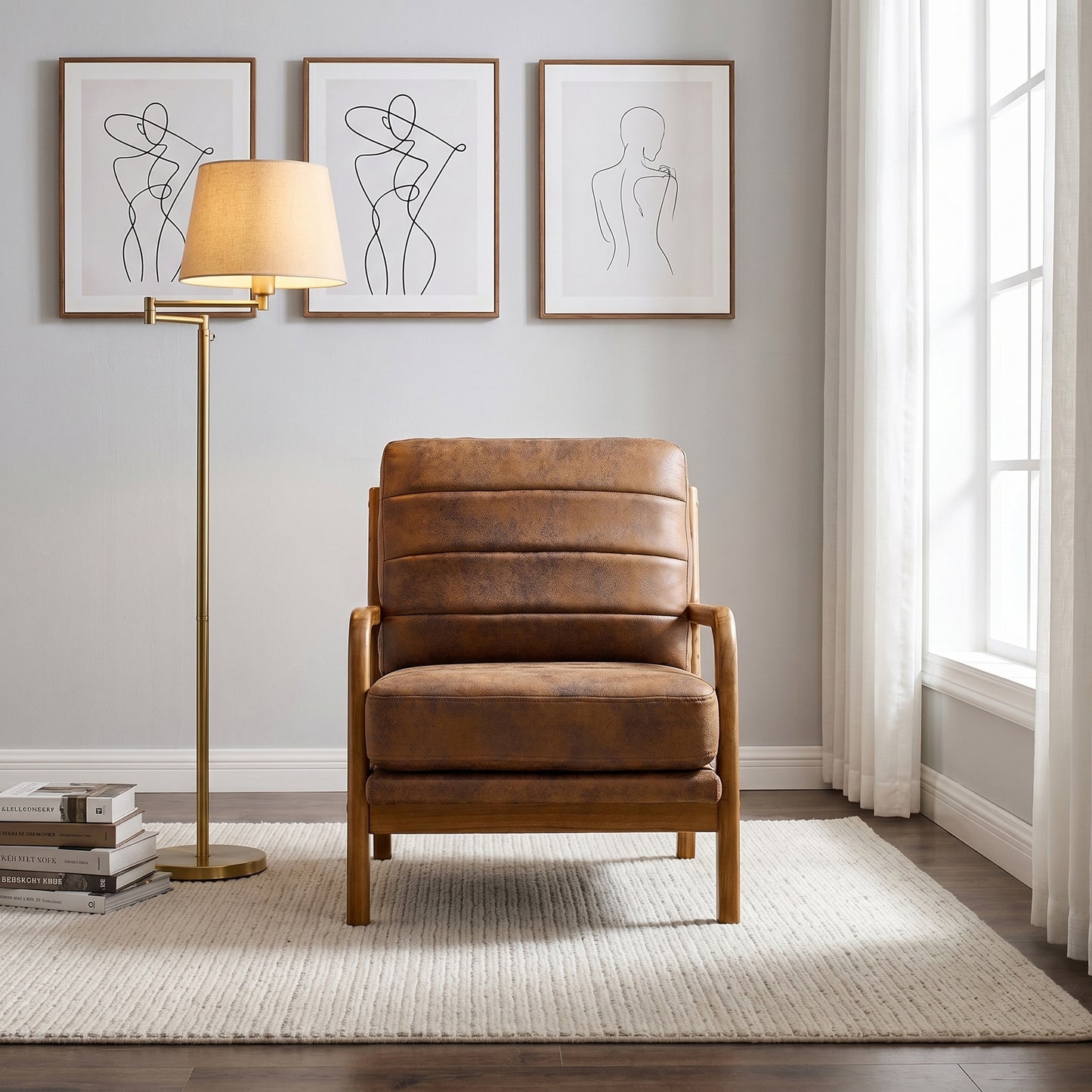 Mid-Century Modern Wood Armchair with Foil Fabric - Light Brown