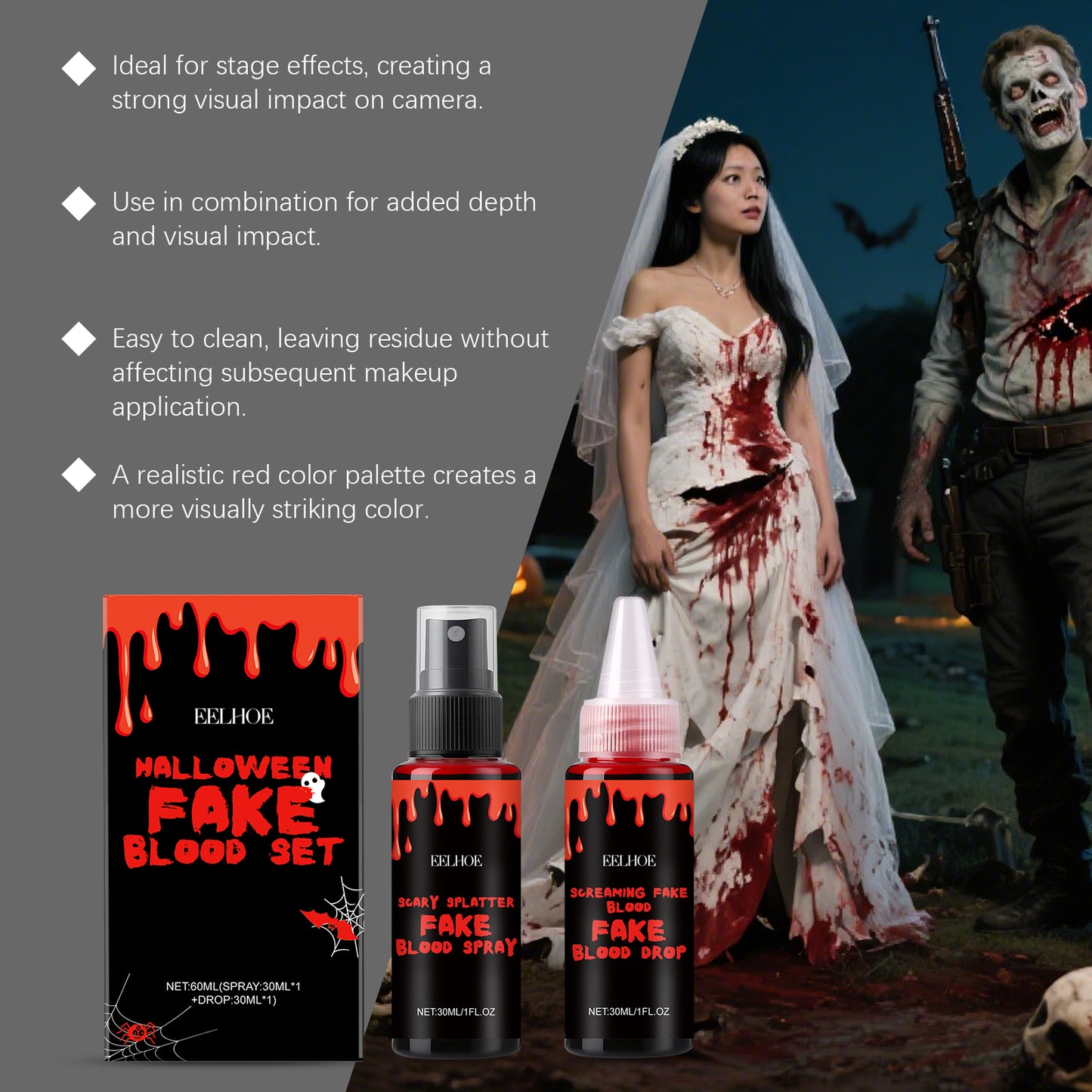Halloween Fake Blood Makeup Set - Realistic Spray & Drop Effects