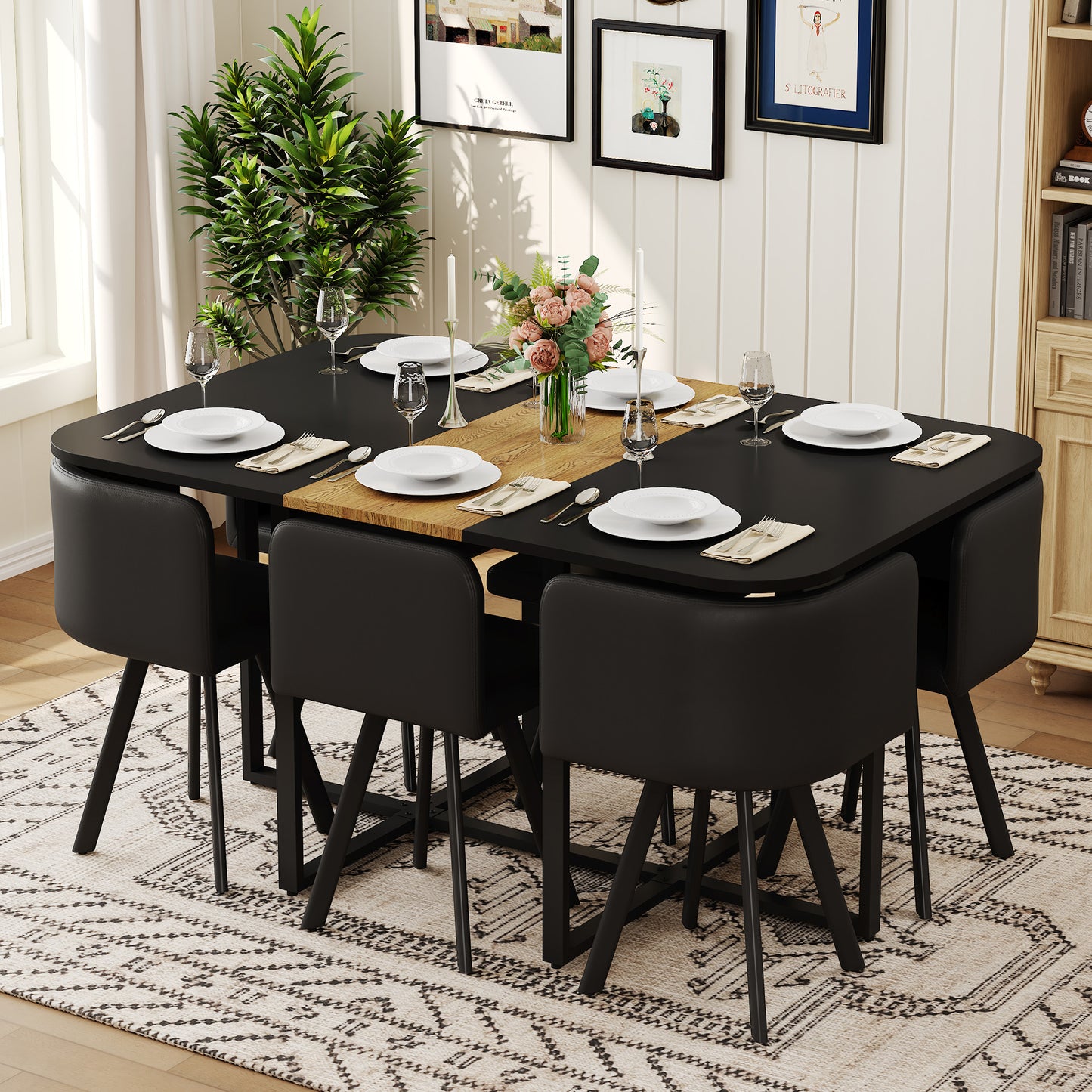 7-Piece Dining Table Set with 6 Black PU Chairs - Two-Tone Design
