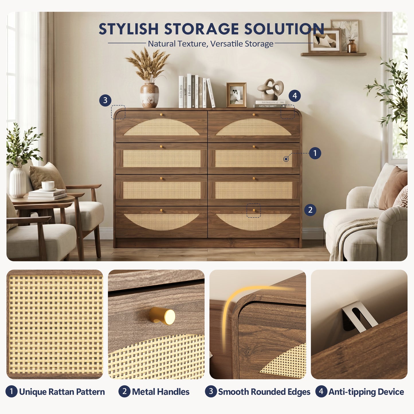 Walnut 8-Drawer Dresser with Rattan Front - Modern Storage Cabinet