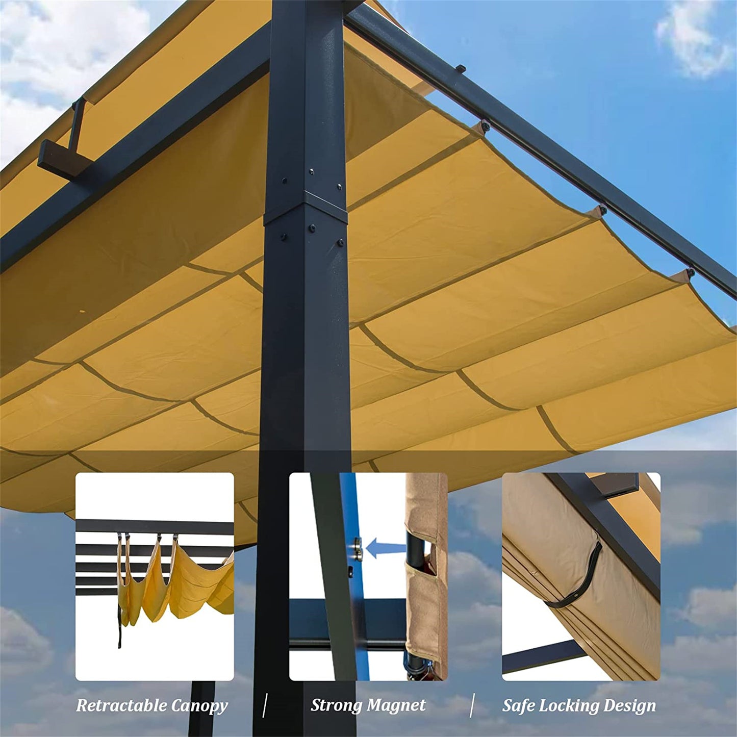 Outdoor Retractable Pergola With Weather-Resistant Sun Shade Canopy,