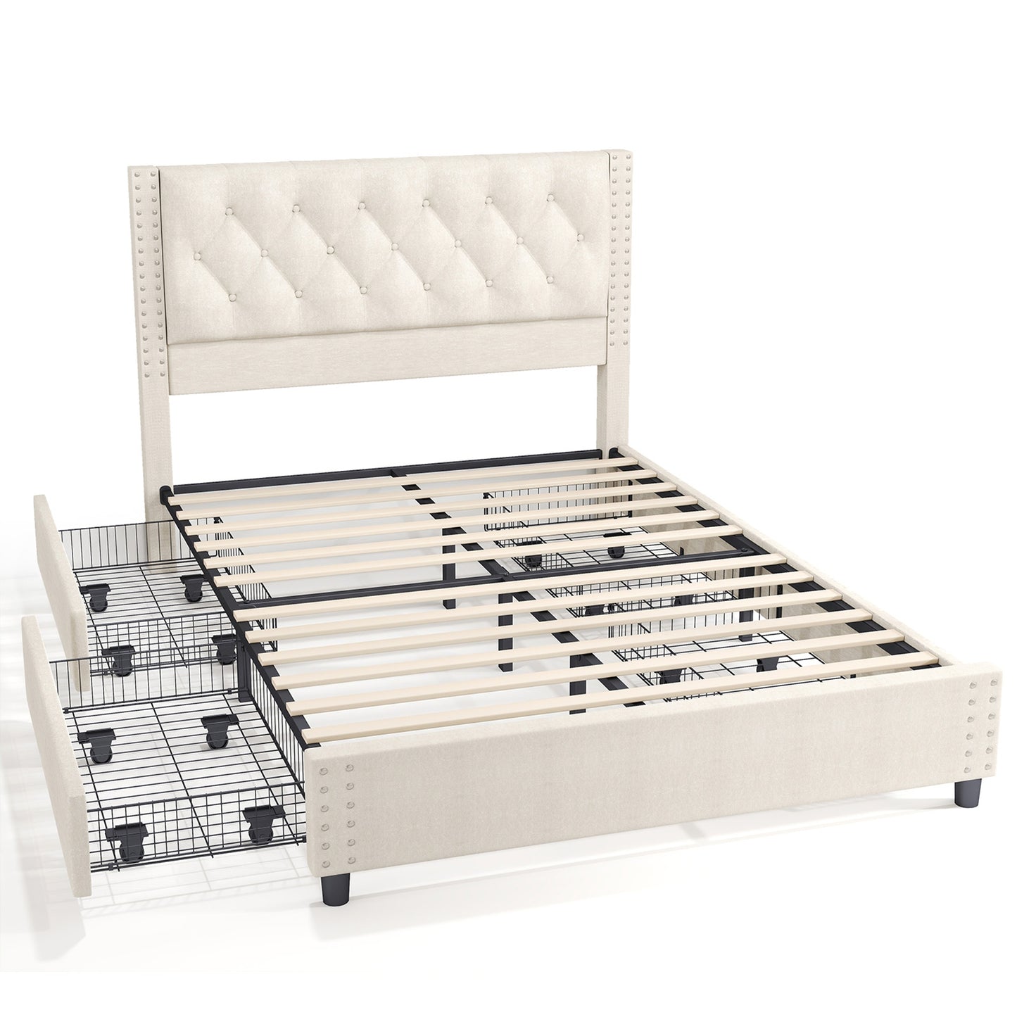 Queen Size Bed Frame With Headboard Wood Slat Support Platform