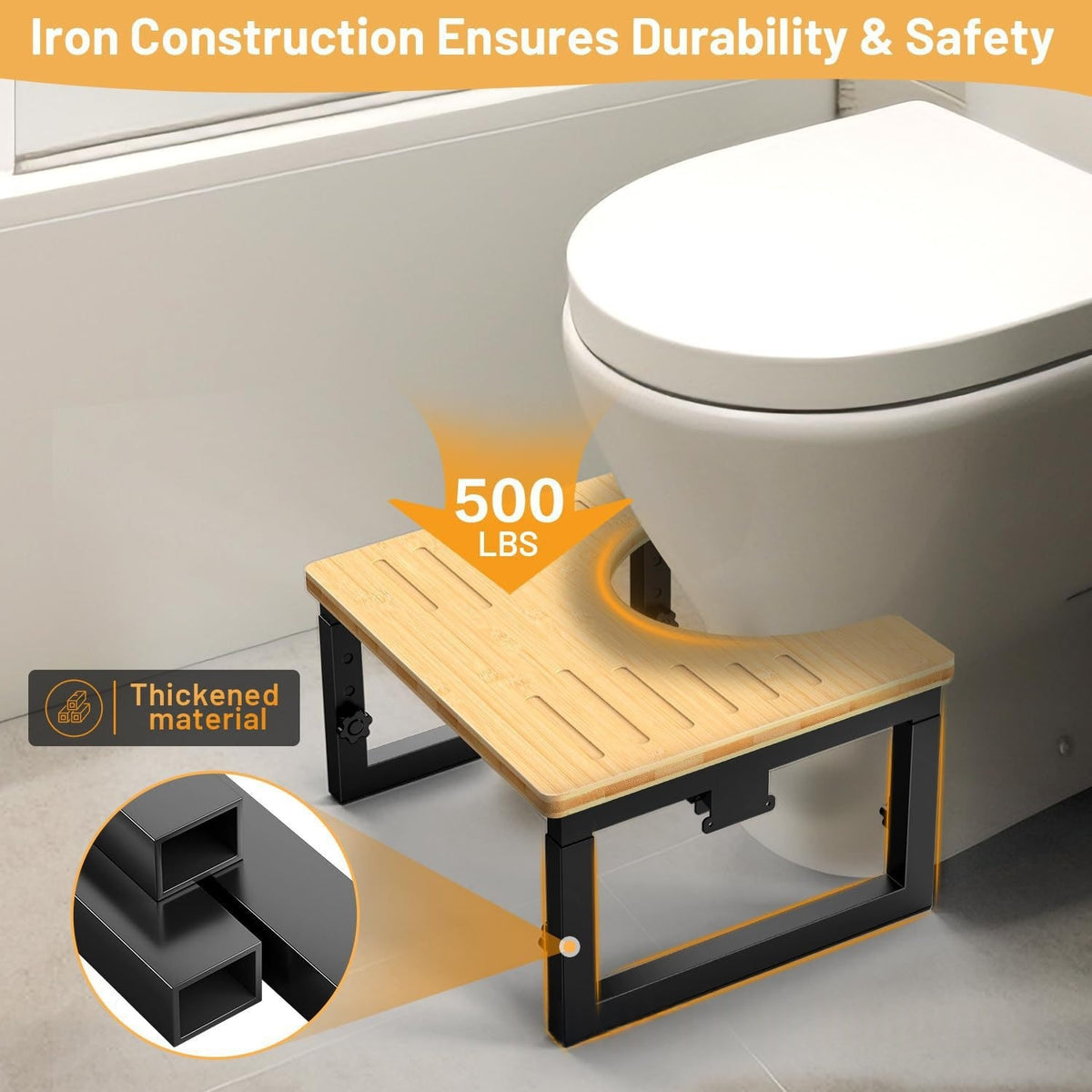 Wooden Folding Toilet Stool with Adjustable Height for Bathroom