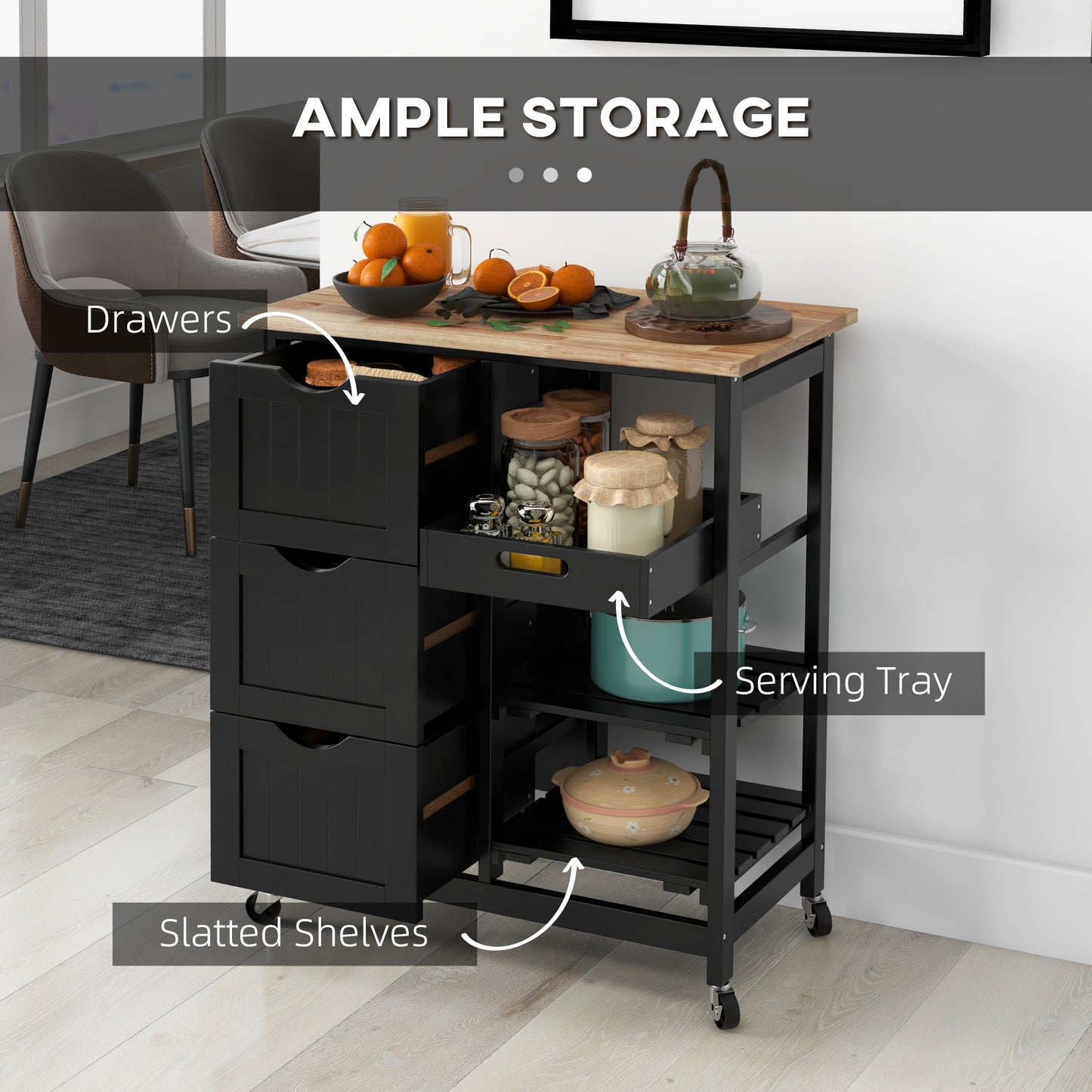 Rolling Kitchen Cart with Wood Top and Storage Shelves - Black