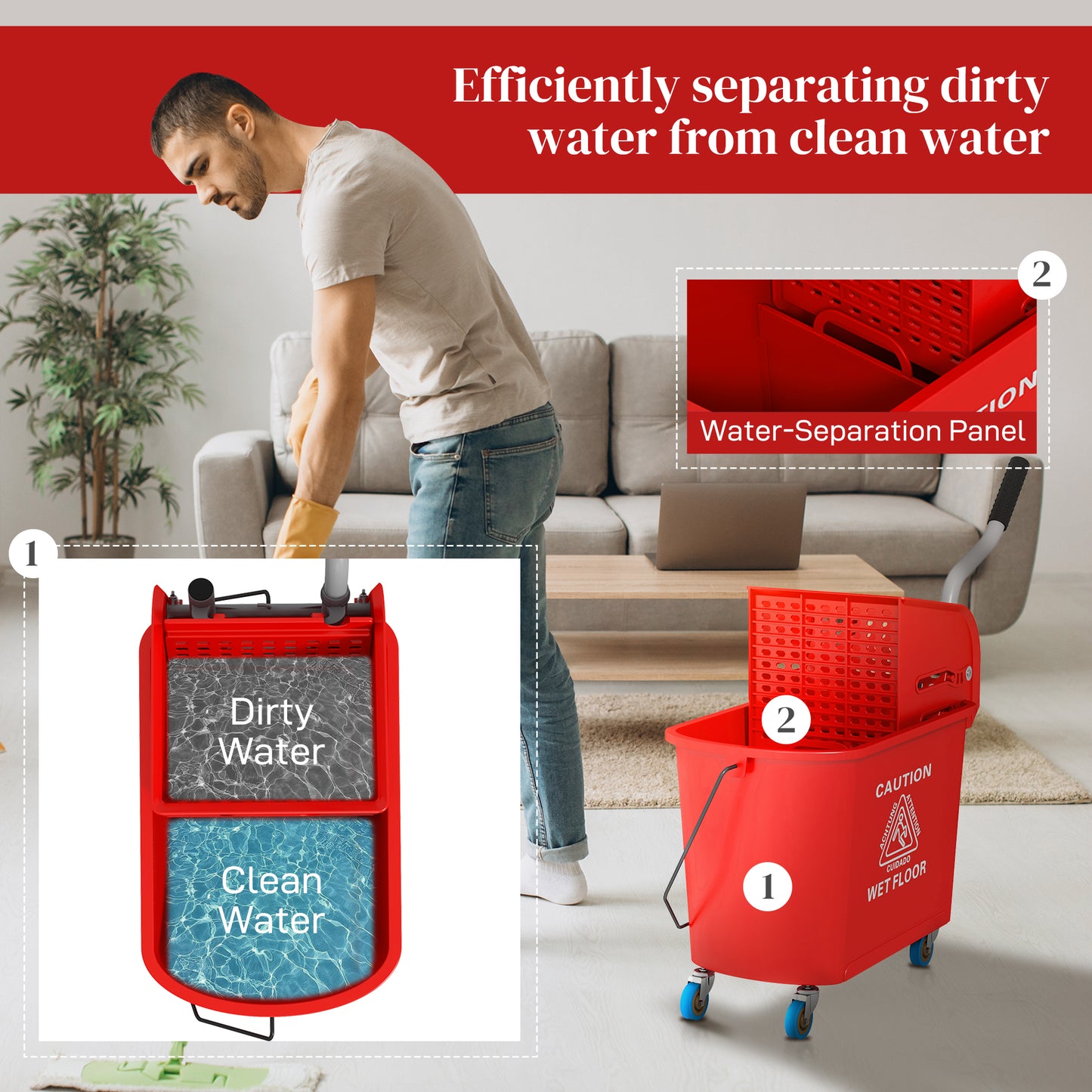 21 Quart Mop Bucket with Wringer on Wheels - Separate Clean & Dirty Water, Red