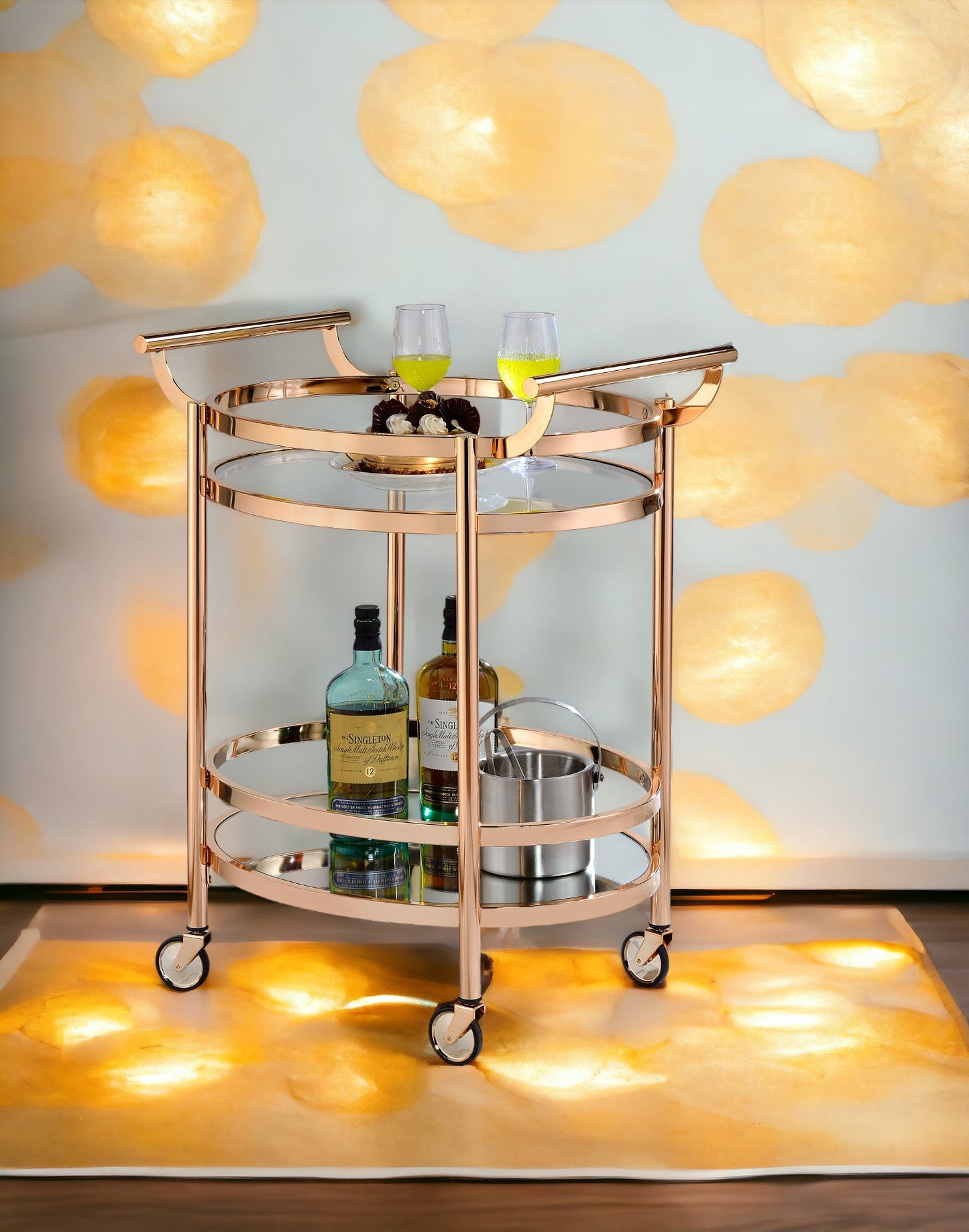 Clear Glass Serving Cart with Rose Gold Finish