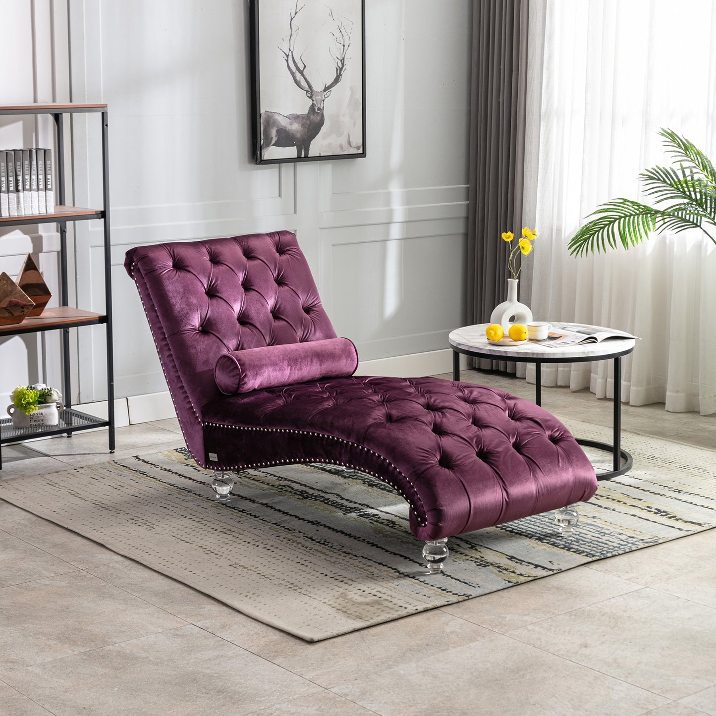 Purple Velvet Chaise Lounge Chair - Button-Tufted with Pillow