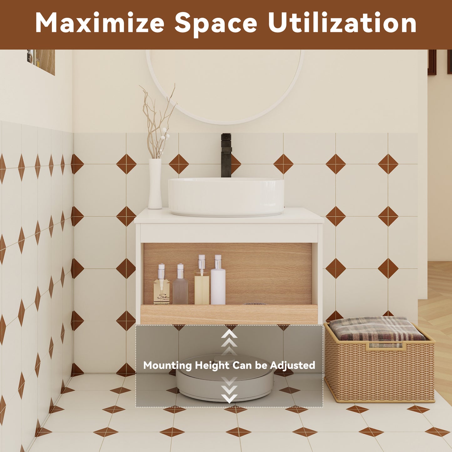 24" Wall-Mounted Bathroom Vanity with Open Shelf - White & Light Oak