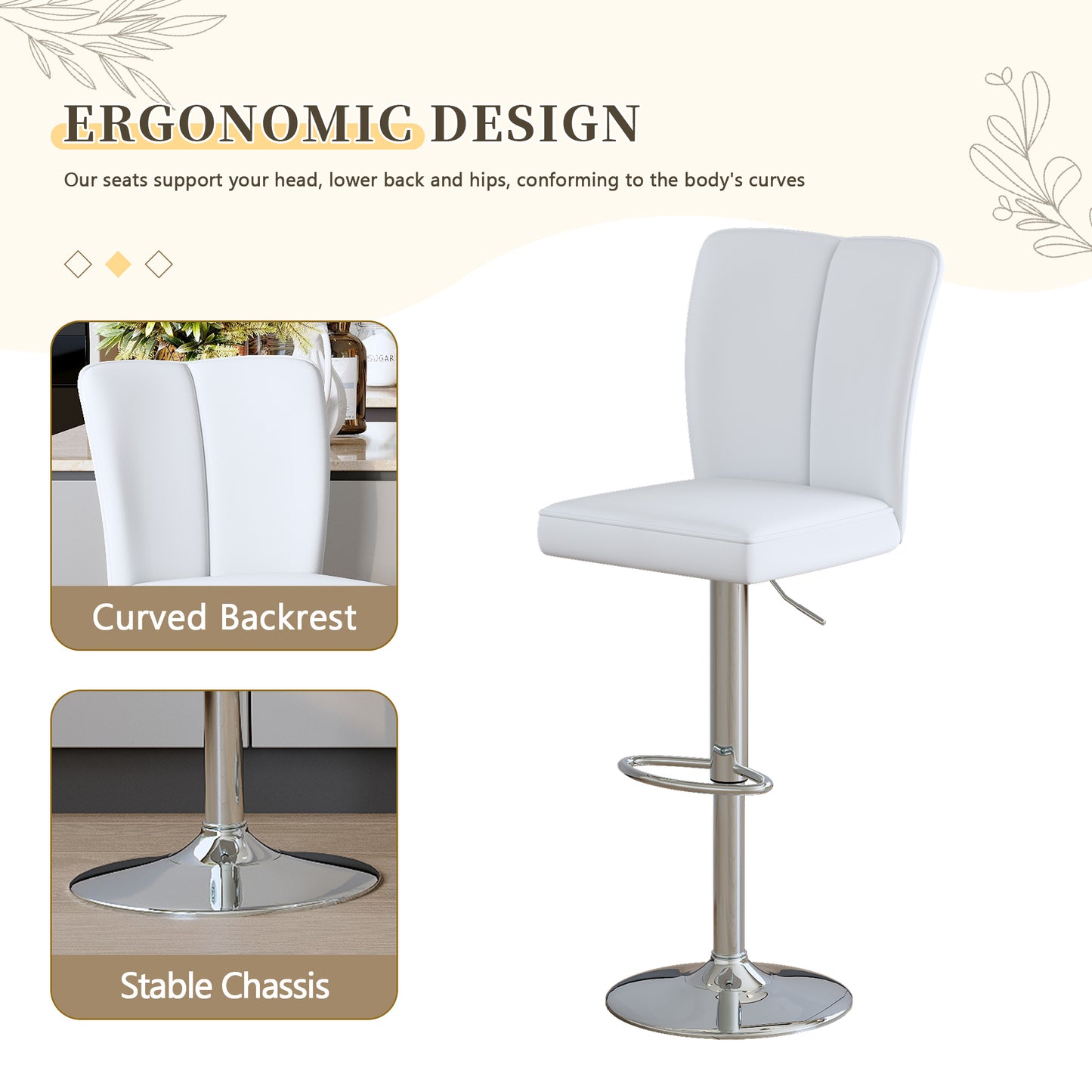Modern White PU Bar Stool Set - 2-Piece, Featuring Vertical And