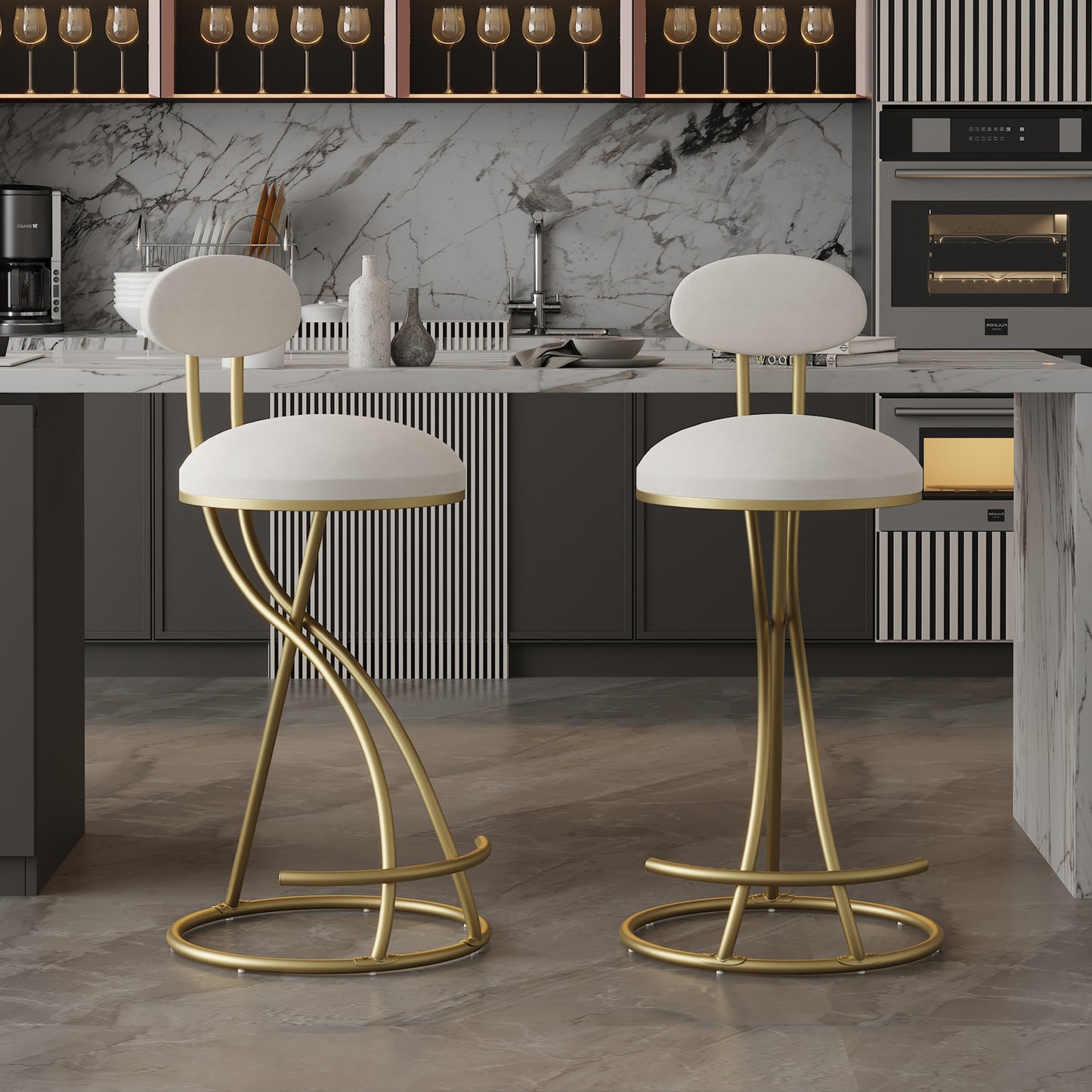 Upholstered Round Bar Stool Set of 2 - Gold & Creamy White