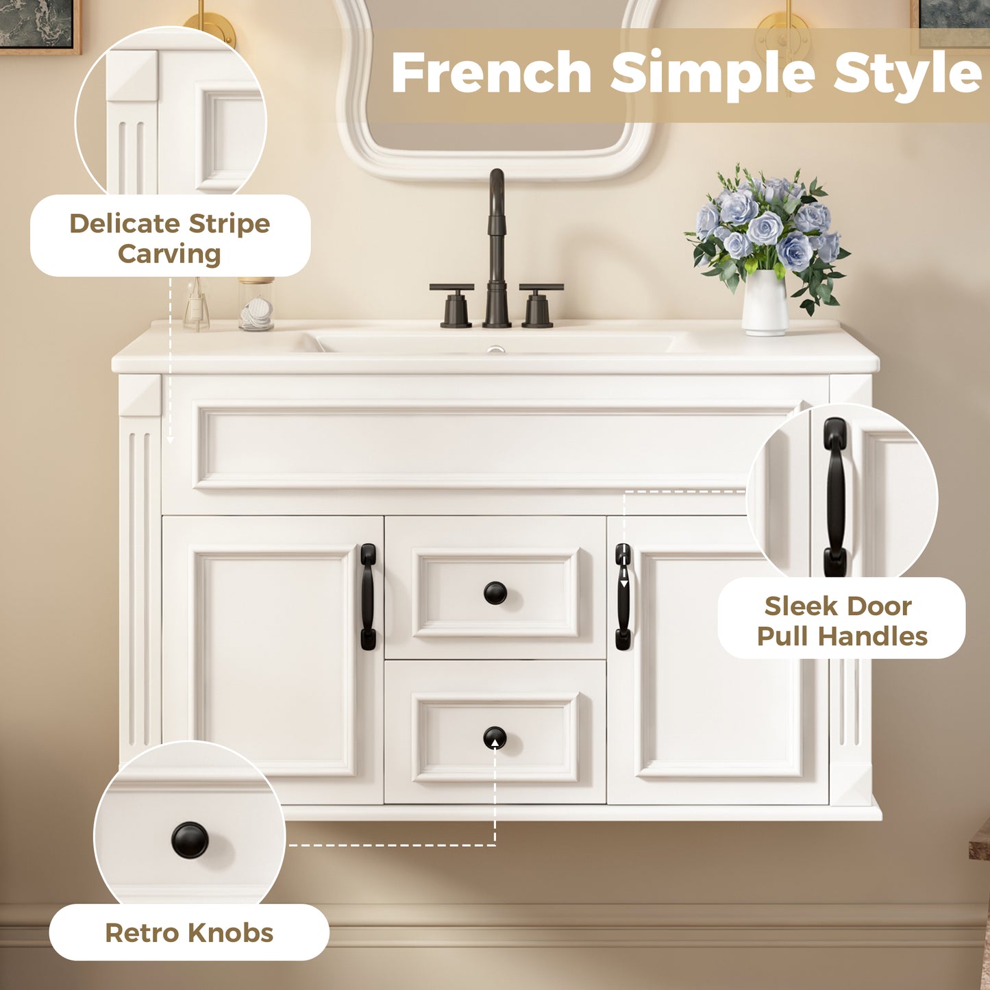 36-Inch Wall-Mounted Bathroom Vanity with Ceramic Sink - White