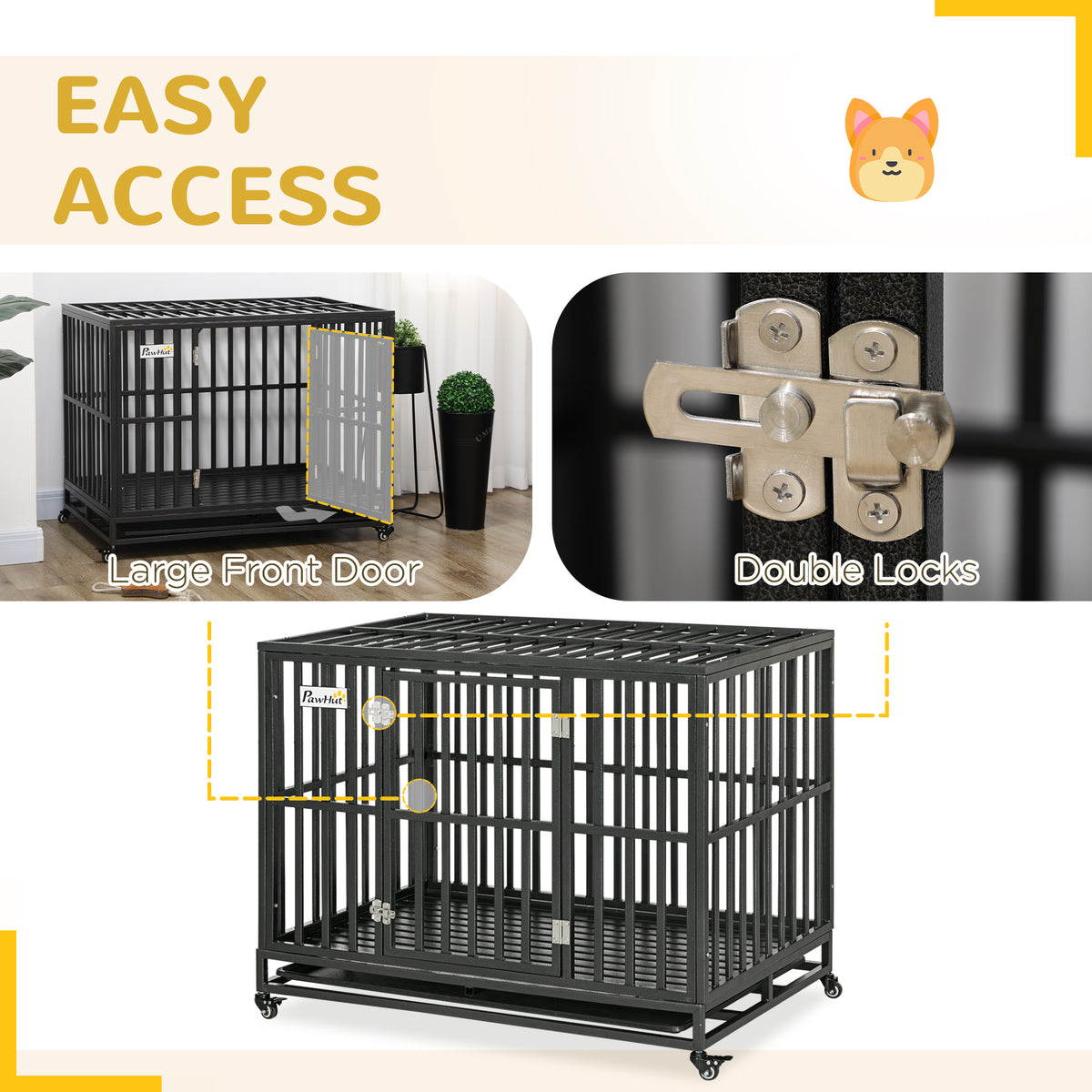 Heavy Duty Dog Crate with Wheels - 45 Inch Steel Kennel, Escape-Proof Black