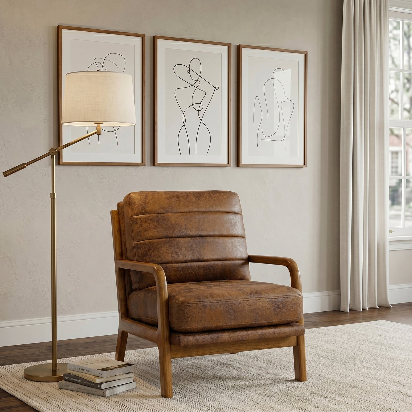 Mid-Century Modern Wood Armchair with Foil Fabric - Light Brown