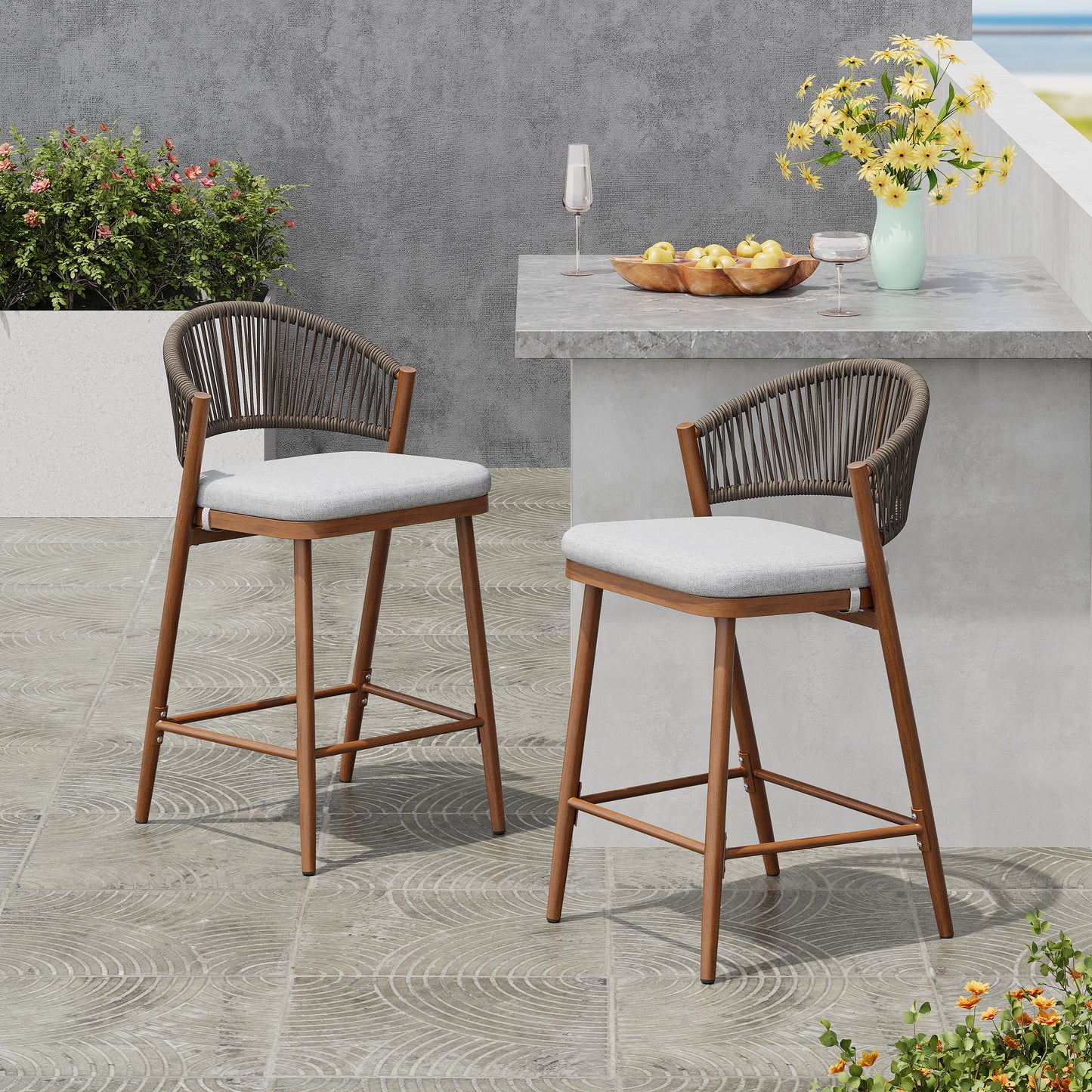 Outdoor 26 Seat Height Aluminum Frame Counter Stools With PE Rattan