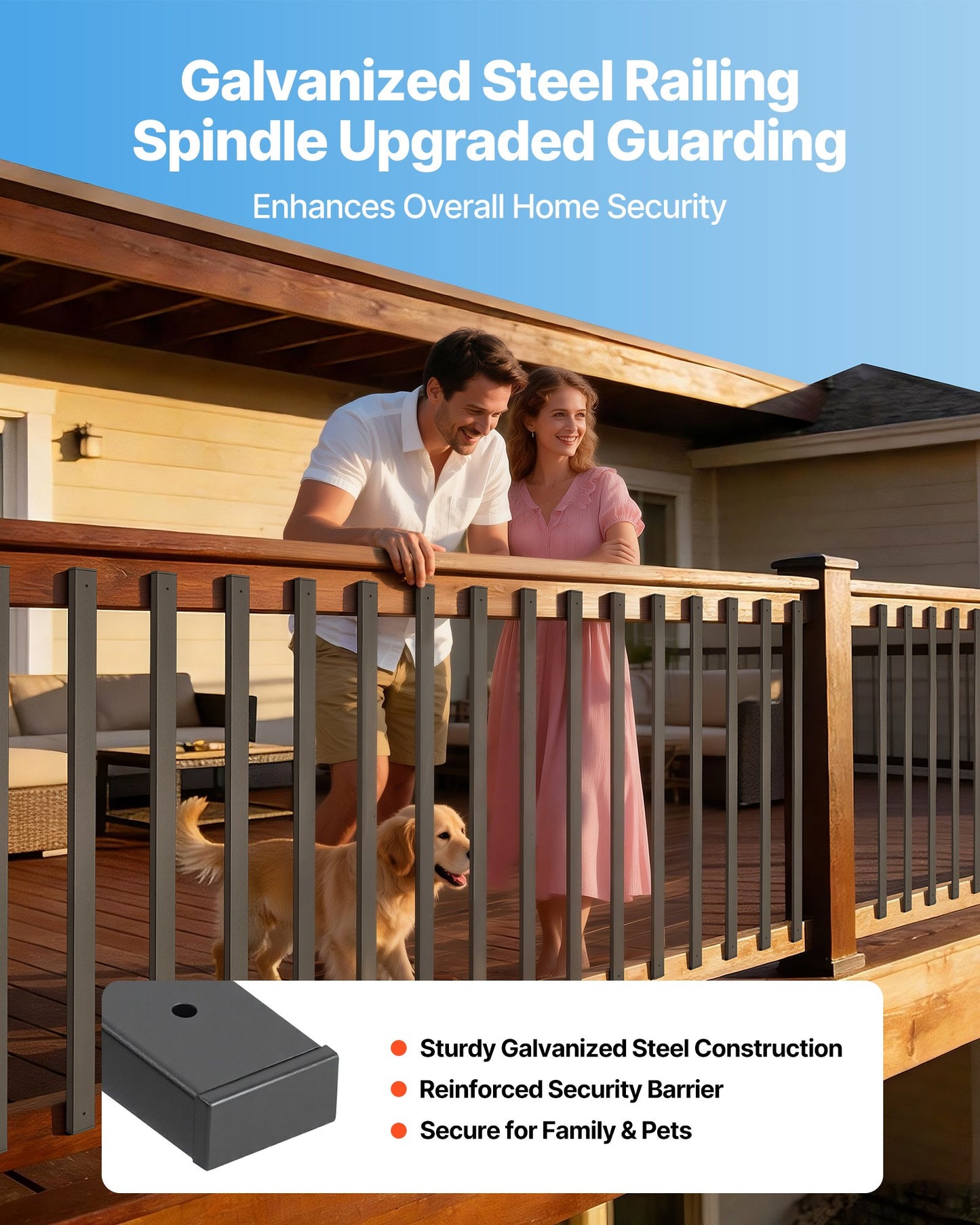 Galvanized Steel Deck Balusters 36 Inch Black Hollow Rectangle Railing Spindles with End Caps & Screws
