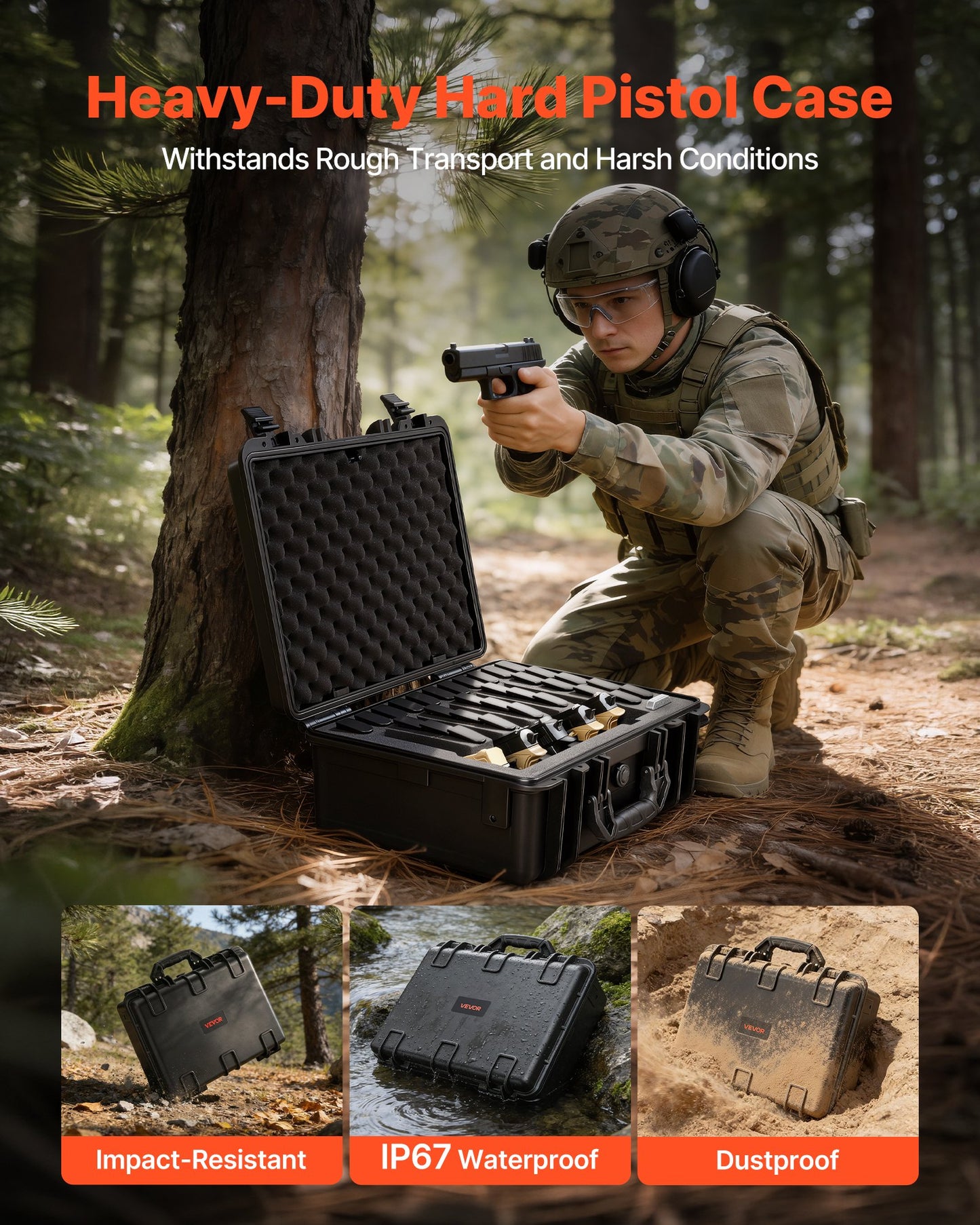 Heavy Duty Waterproof Gun Case with Foam Interior, TSA Approved, Black - 18.7x12.5x7.5 in