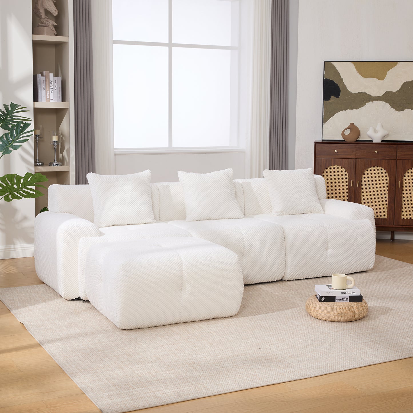 L-Shaped Modular Sectional Sofa Set - Ivory 4-Piece Couch with Ottoman