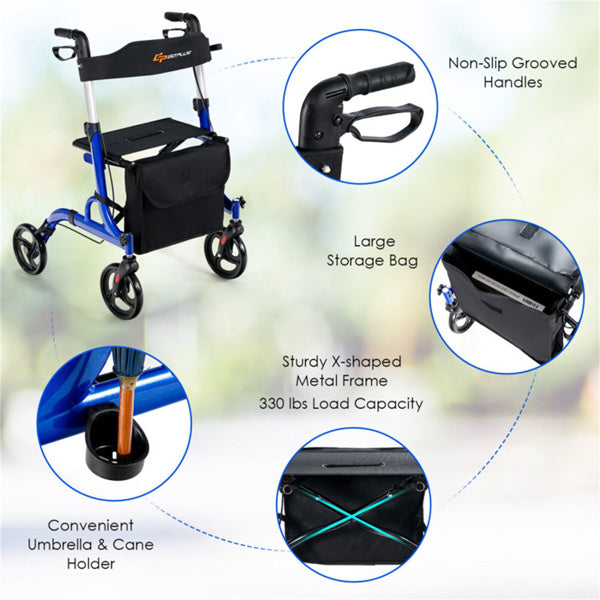 2-in-1 Rollator Walker & Wheelchair - 330 Lbs Capacity, Blue